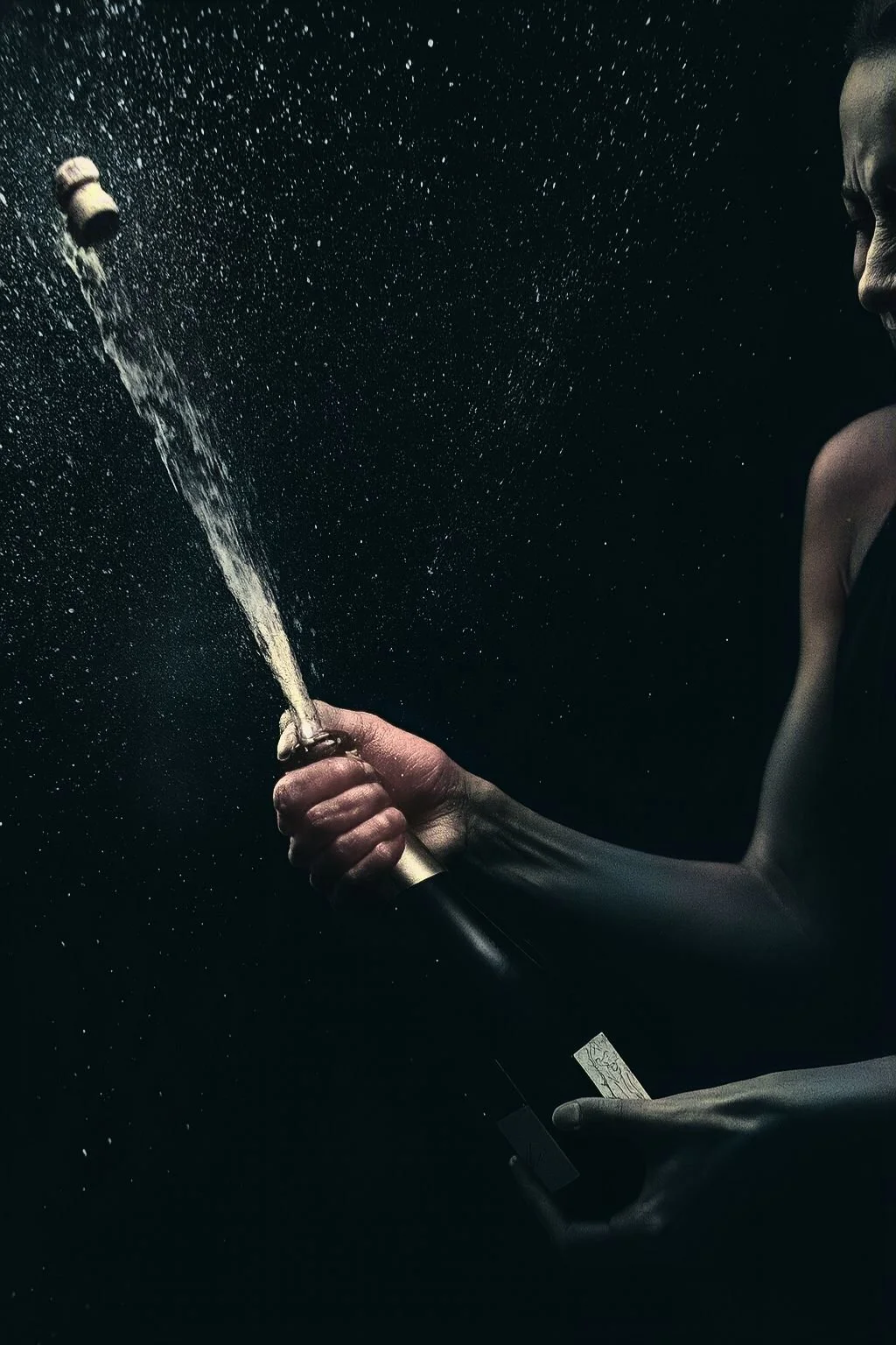 A champagne bottle popping in a dark, dramatic setting, capturing a quiet moment of celebration at night.