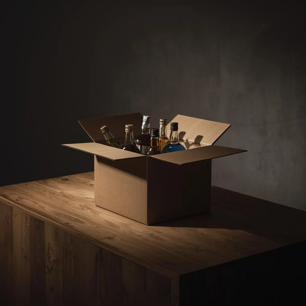 Alcohol bottles packed neatly in a delivery box at night, representing lawful and responsible alcohol delivery in NSW.