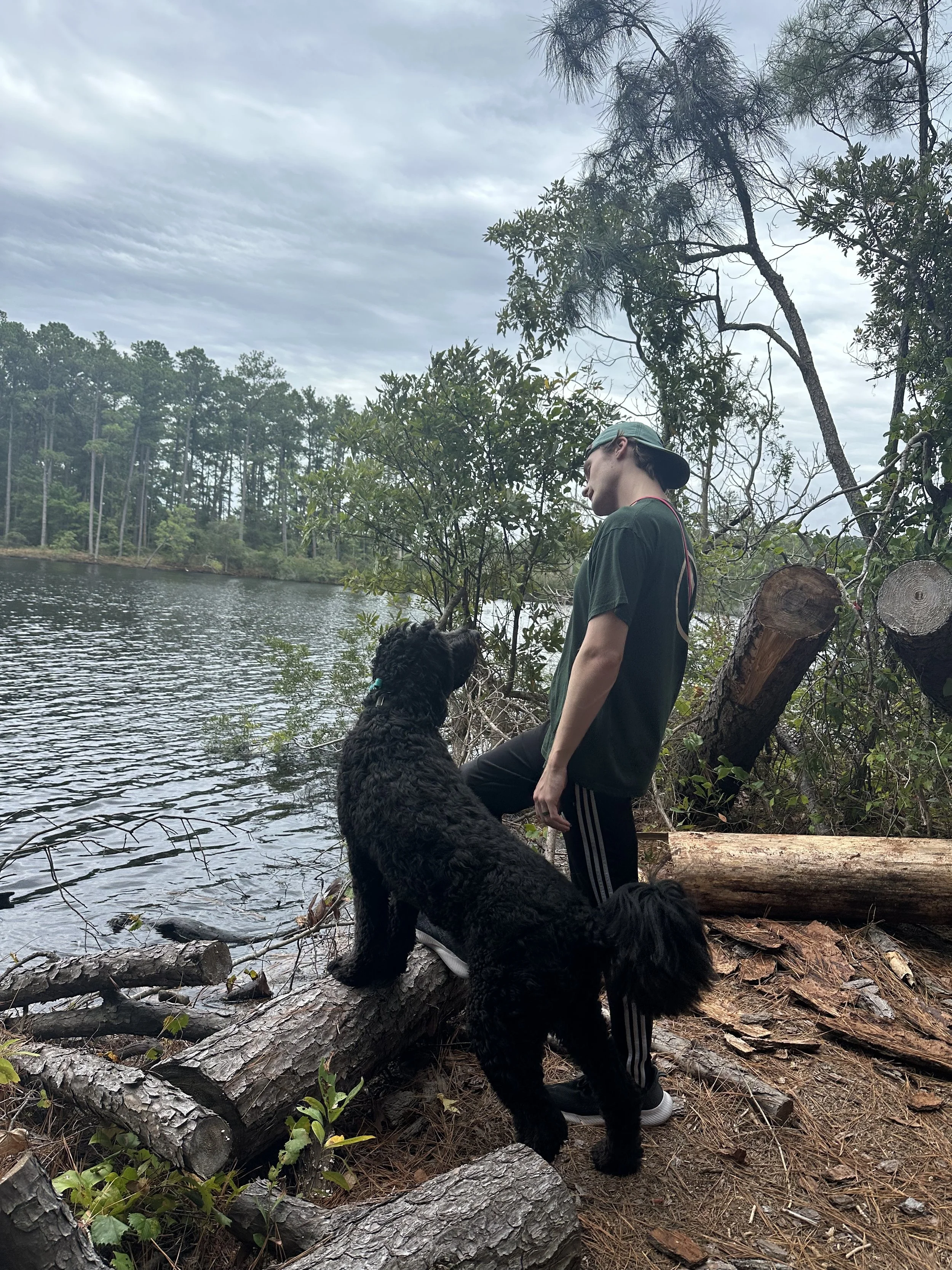 A person wearing a baseball cap and dark green t-shirt standing on a tree log by a lake, with a black dog sitting on the log and looking up at the person. Trees and a cloudy sky are visible in the background.