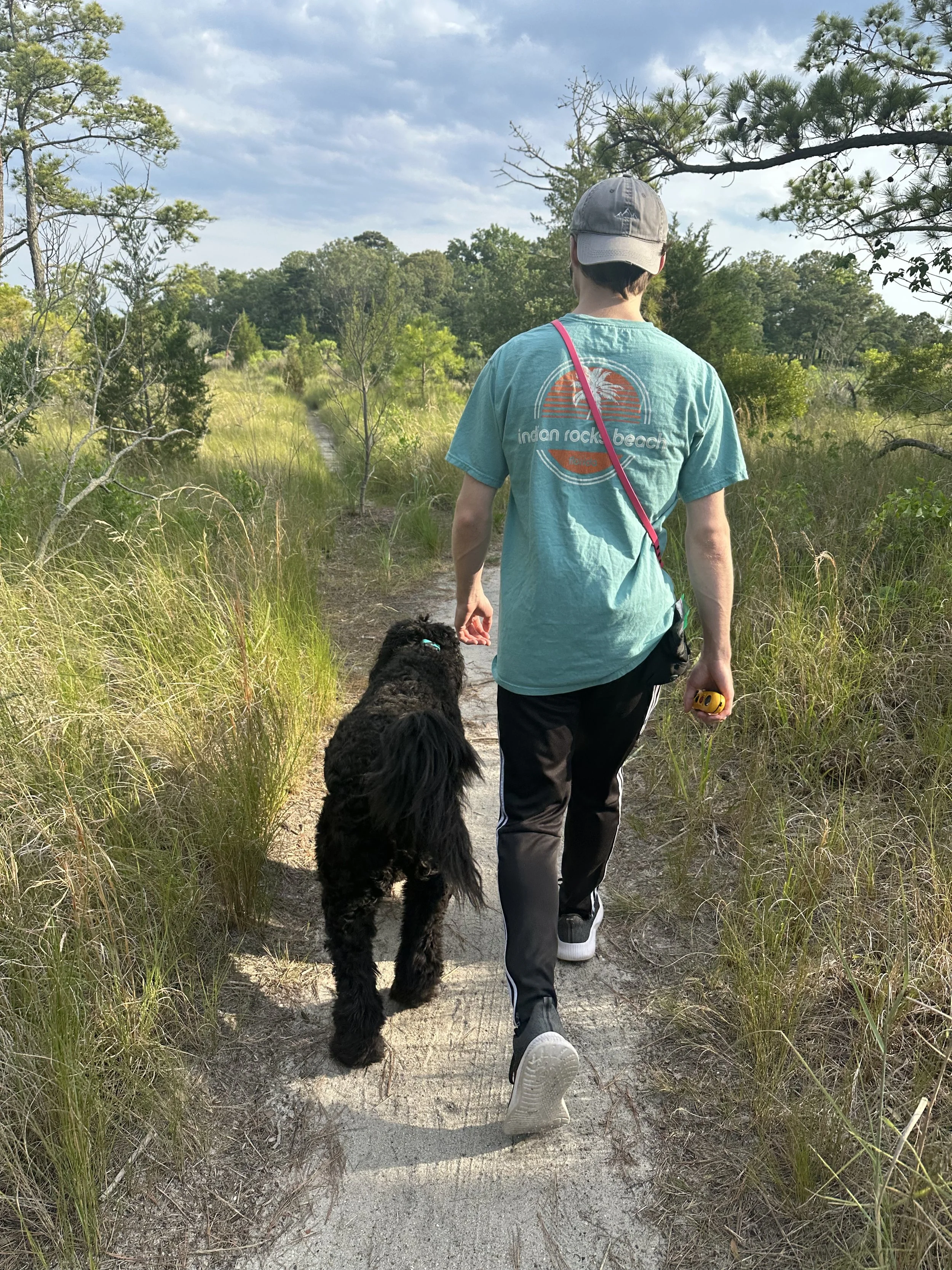 Person walking on a trail with a dog in a grassy, wooded area under a partly cloudy sky.