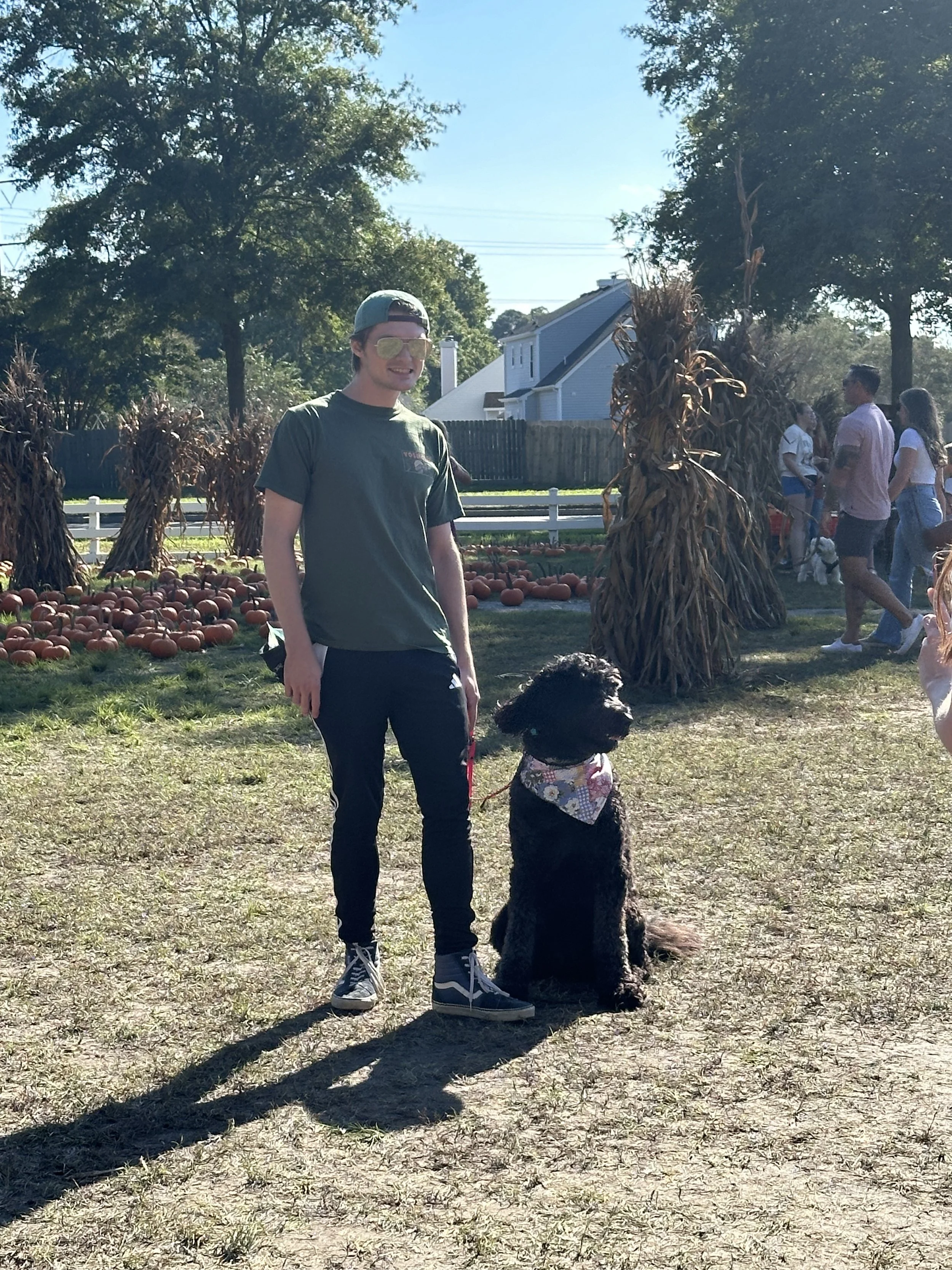 A young man standing outdoors with a black dog wearing a bandana, surrounded by fall decorations including dried corn stalks and pumpkins, on a sunny day.