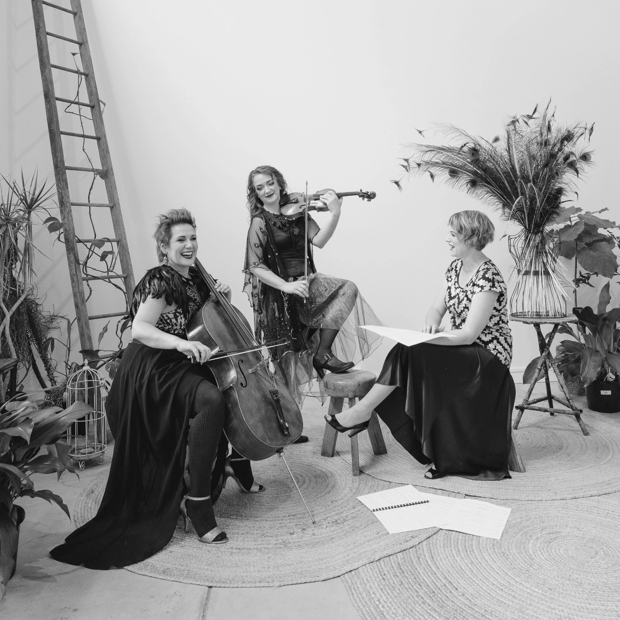 Muses Trio - Three women playing musical instruments and singing in a room decorated with plants and a ladder, with one woman holding a violin, another with a cello, and the third reading sheet music.