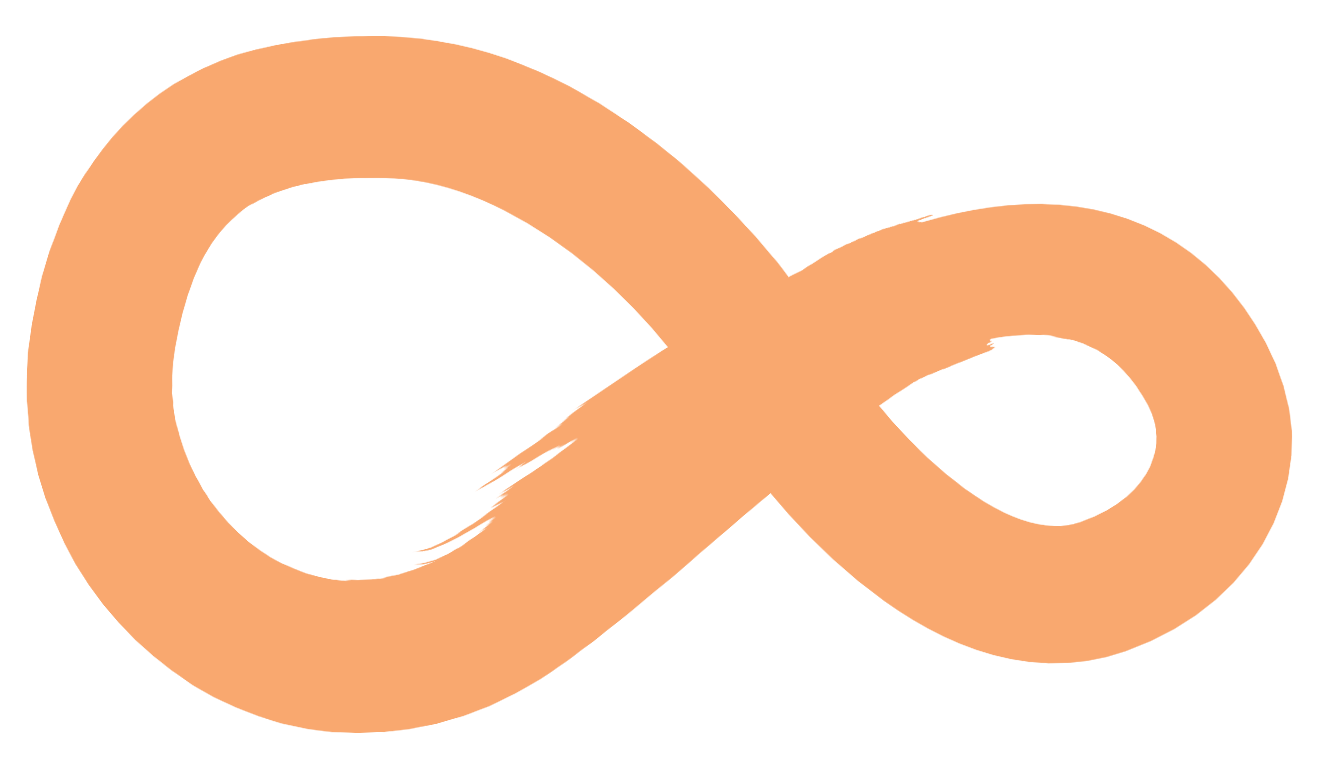 A stylized peach-colored infinity symbol with a brushstroke texture.