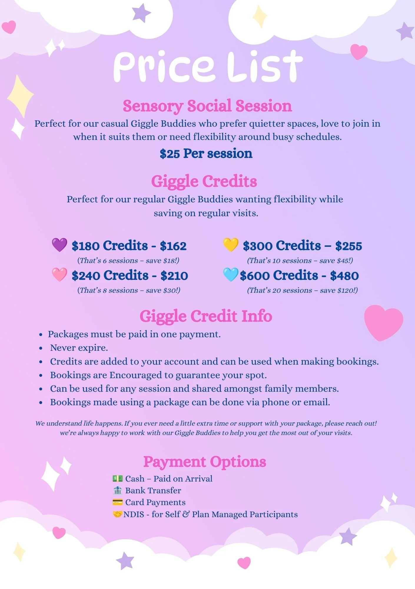 A pastel purple and pink price list with white clouds around the edges, decorated with hearts, stars and sparkles. The text is dark blue and pink stating that the Sensory Social Sessions, Perfect for our casual Giggle Buddies are $25 per session.