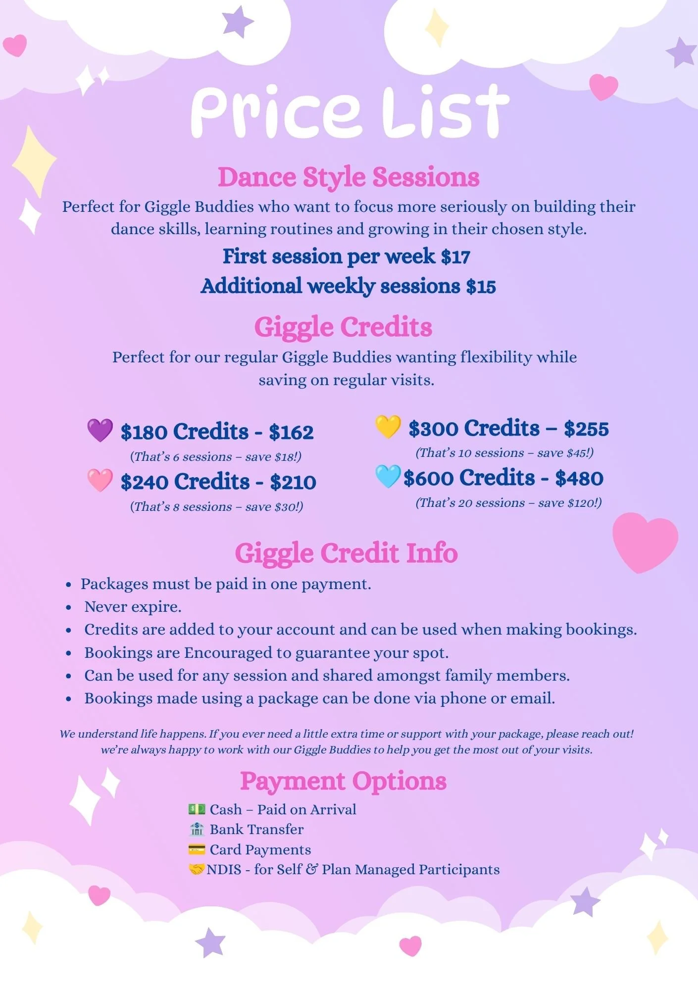 Colorful flyer for dance style sessions, stating first session per week $17, additional weekly sessions $15, set against a pastel purple background with decorative stars, hearts, and clouds.