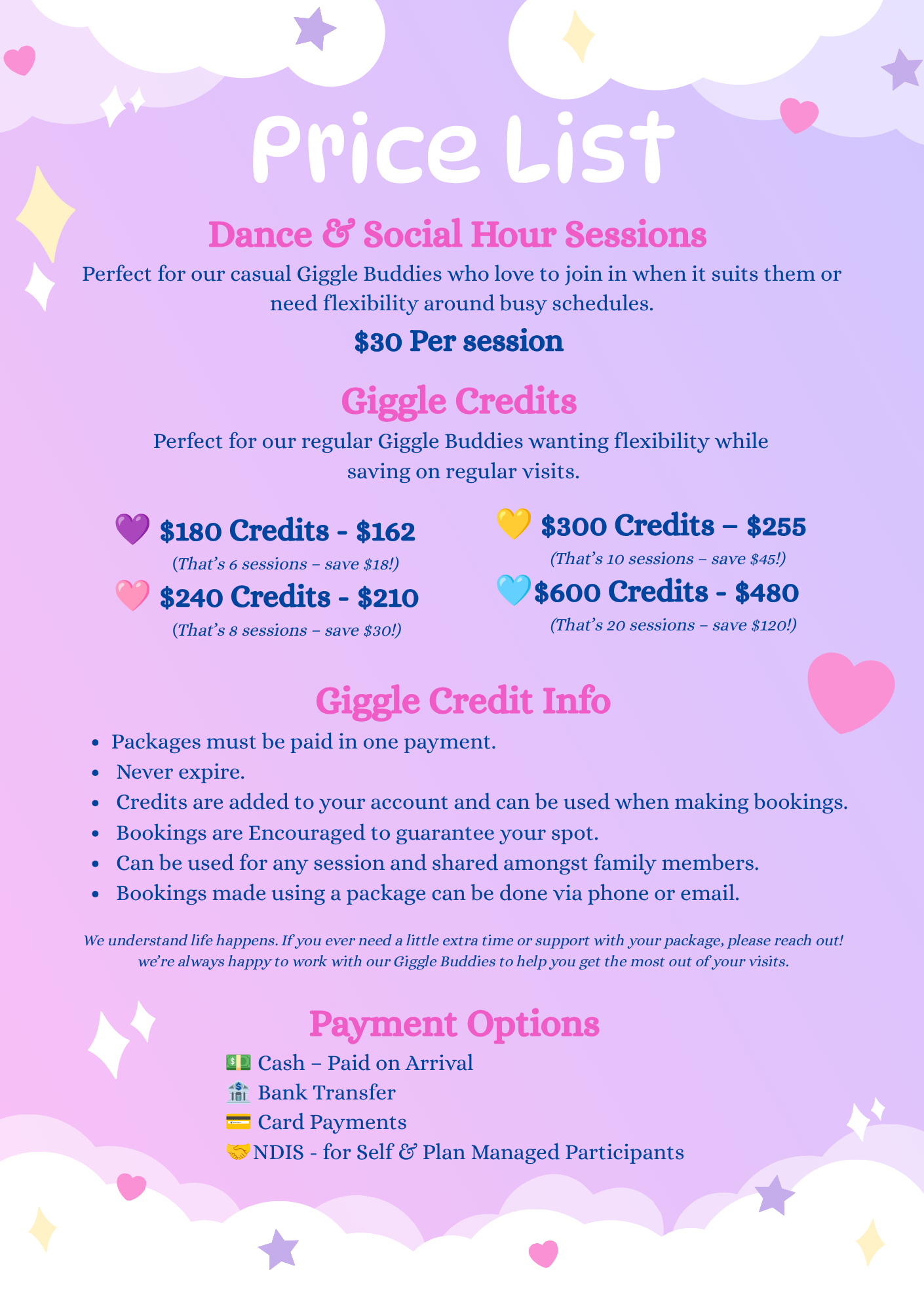 Colorful flyer with pastel purple background, white clouds, stars, and hearts, advertising dance and social hour sessions, priced at $30 per session, and contact information with icons for payment methods.
