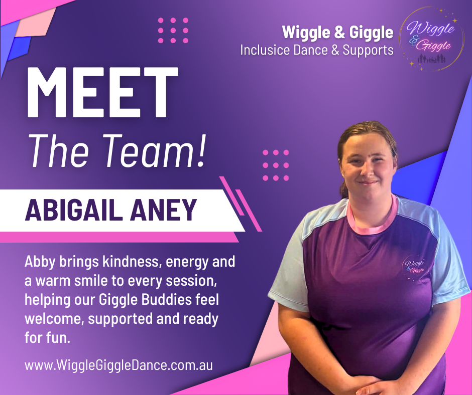 A promotional poster for Wiggle & Giggle inclusive dance supports features Abigail Aney, smiling in a purple dance shirt with some pink and blue accents. The background has a purple and blue gradient with graphic shapes, text about introducing the team, and website information.