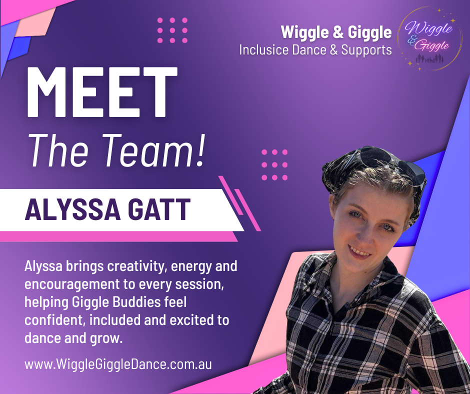 Introduction poster for Wiggle & Giggle inclusive dance and supports featuring Alyssa Gatt. The poster has a purple background with pink and blue accents, and includes a photo of Alyssa wearing a checkered shirt and smiling.