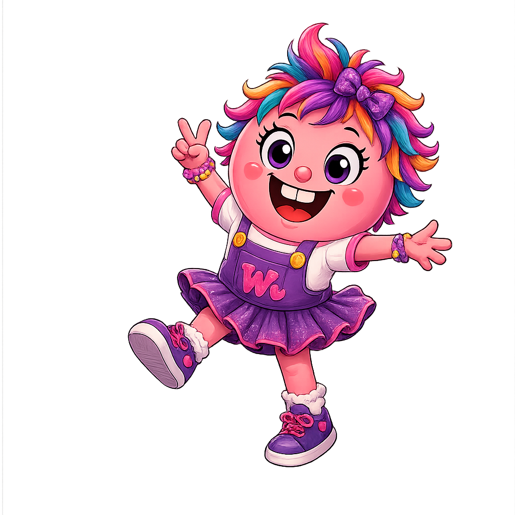 A colorful cartoon character with rainbow hair, big purple eyes, and a big smile, making a peace sign with one hand and extending the other arm. She is wearing a purple dress with a letter 'W' on it, white shirt beneath, and purple sneakers with pink laces. The background is a gradient of dark colors.