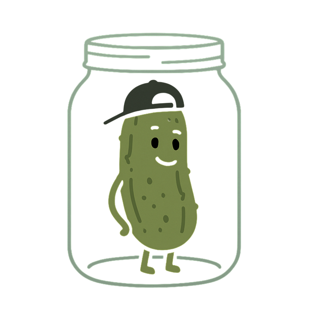 Cartoon pickle with a smiling face, wearing a black hat, inside a transparent glass jar.