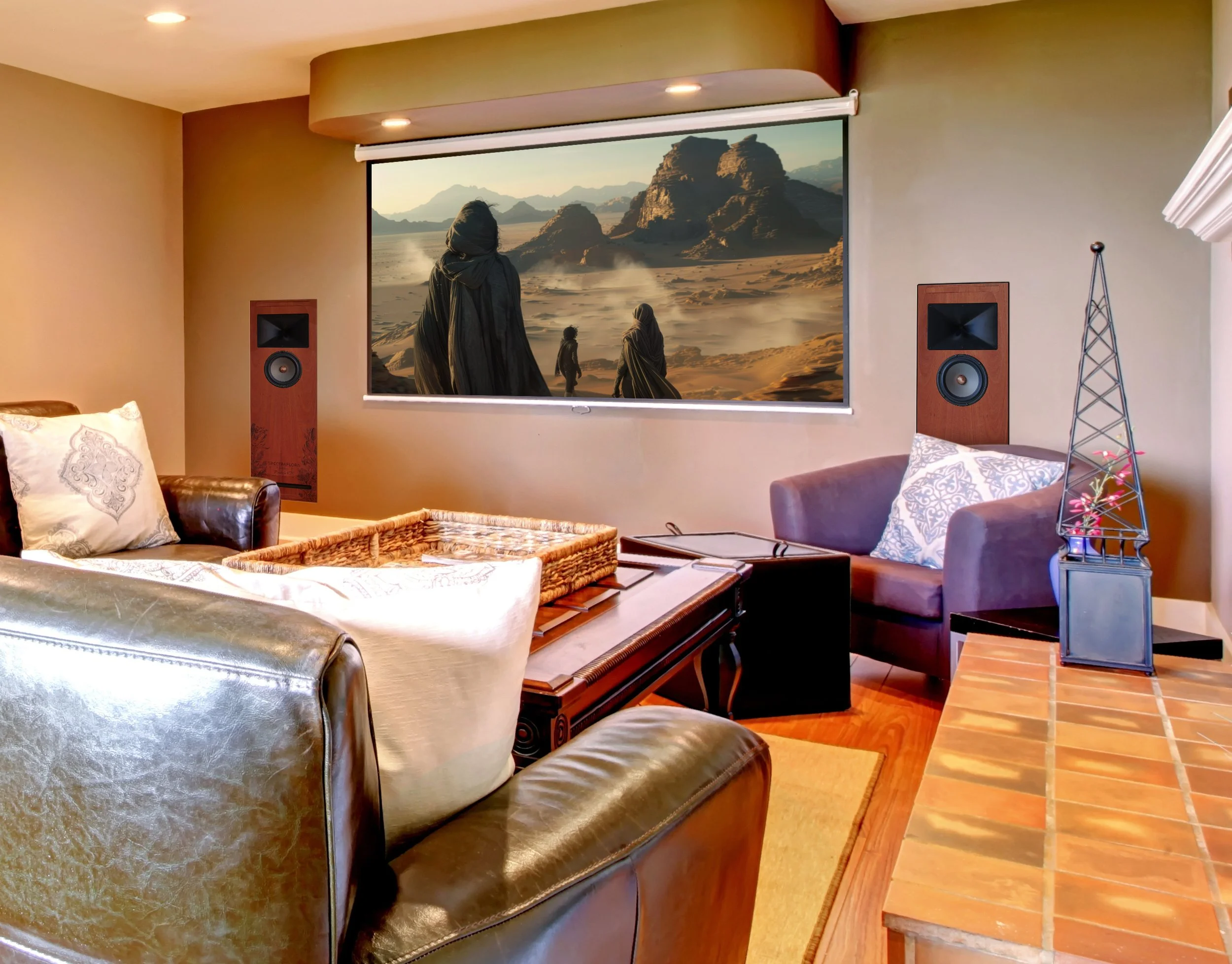 Living room with beige walls, SpectraFlora Pendula 8 TL in-wall speakers Jarrah timber finish, leather and fabric chairs, wooden coffee table, a large wall-mounted projector screen, and a side table with a decorative metal Eiffel Tower.