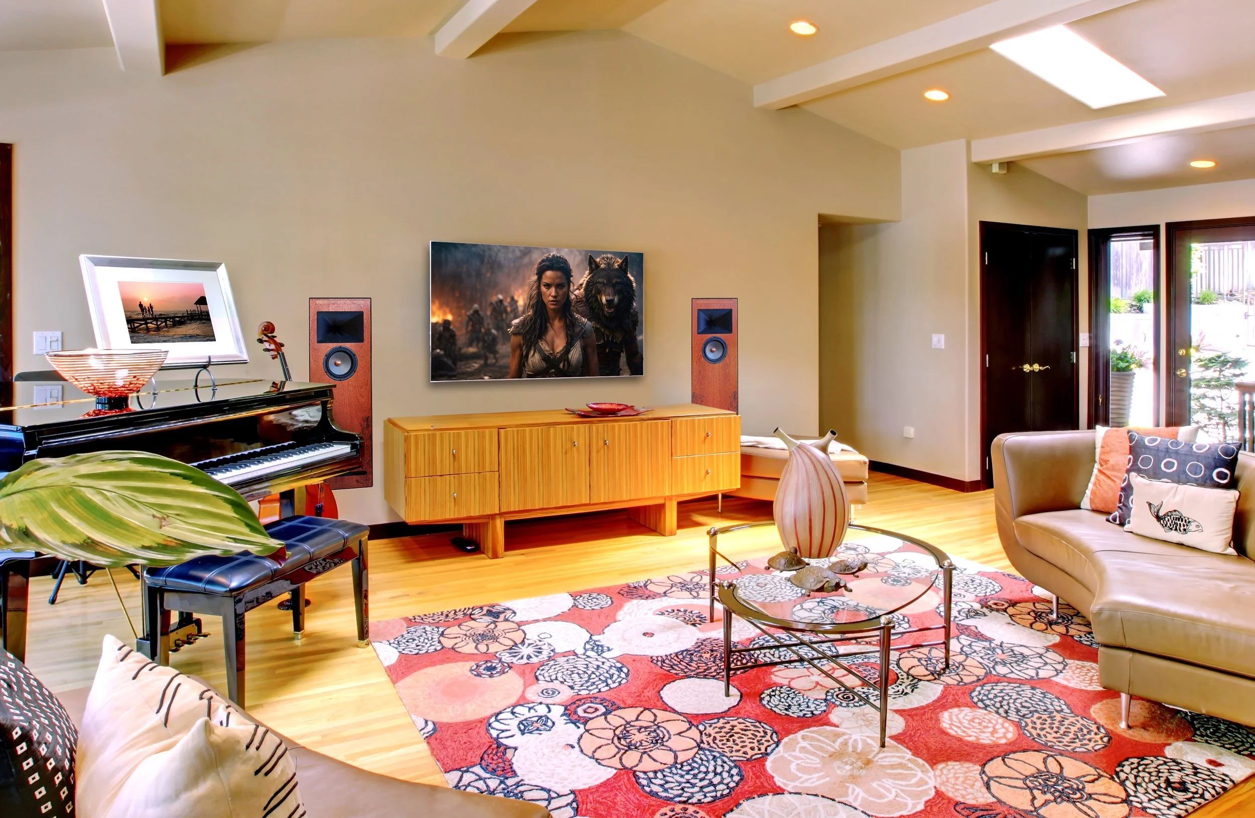 Living room with a black piano, SpectraFlora Pendula 8 TL in-wall speakers Jarrah timber finish, large wall-mounted TV, beige sofa, glass coffee table, large decorative vase, and entryway with doors leading outside.