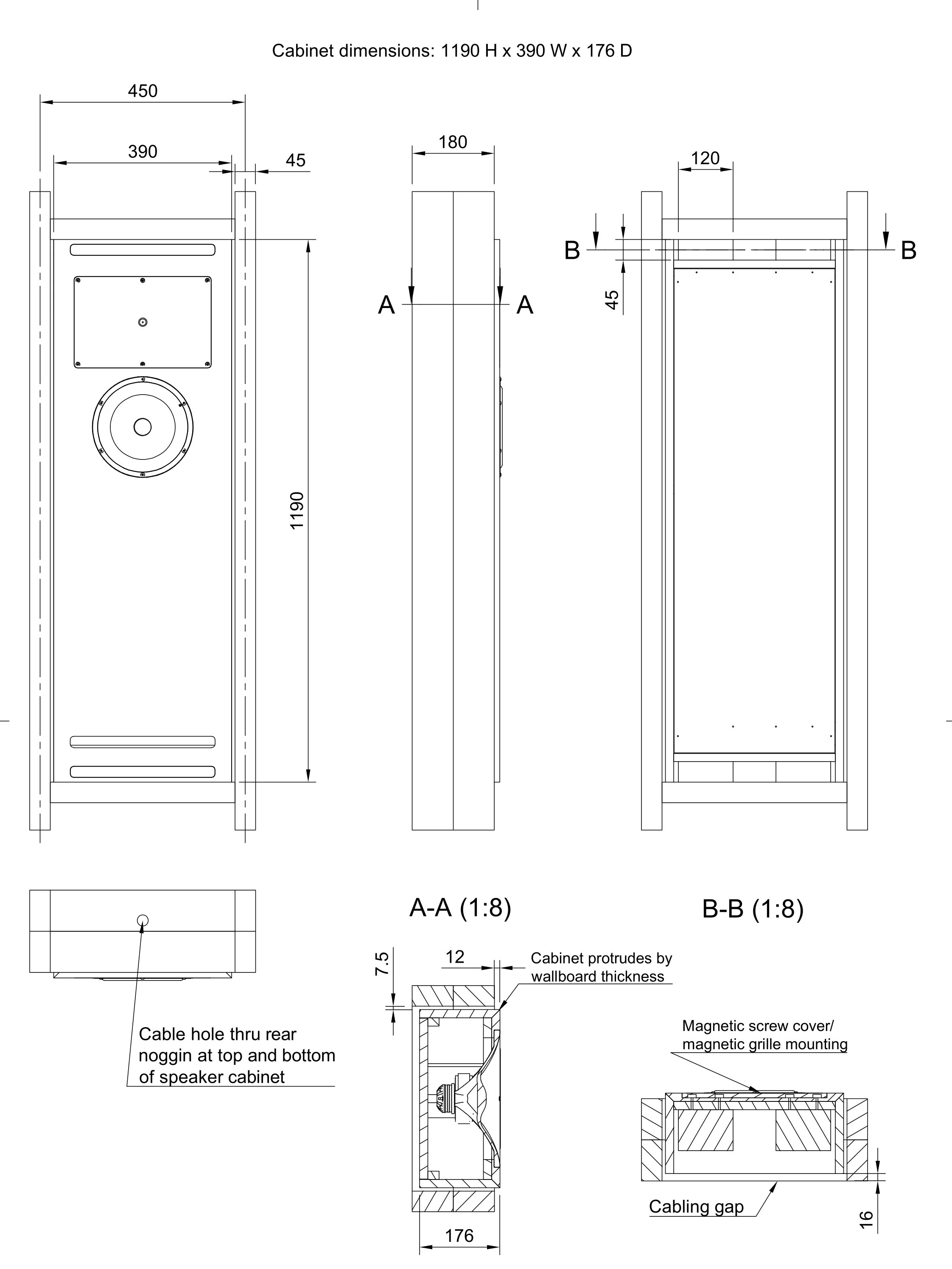 Technical drawing of a speaker cabinet with dimensions and cross-sectional views, including side, front, top, and detailed section views, showing measurements and mounting specifications.
