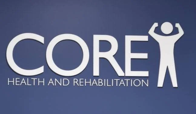 Logo for CORE Health and Rehabilitation featuring a stylized human figure with arms raised.