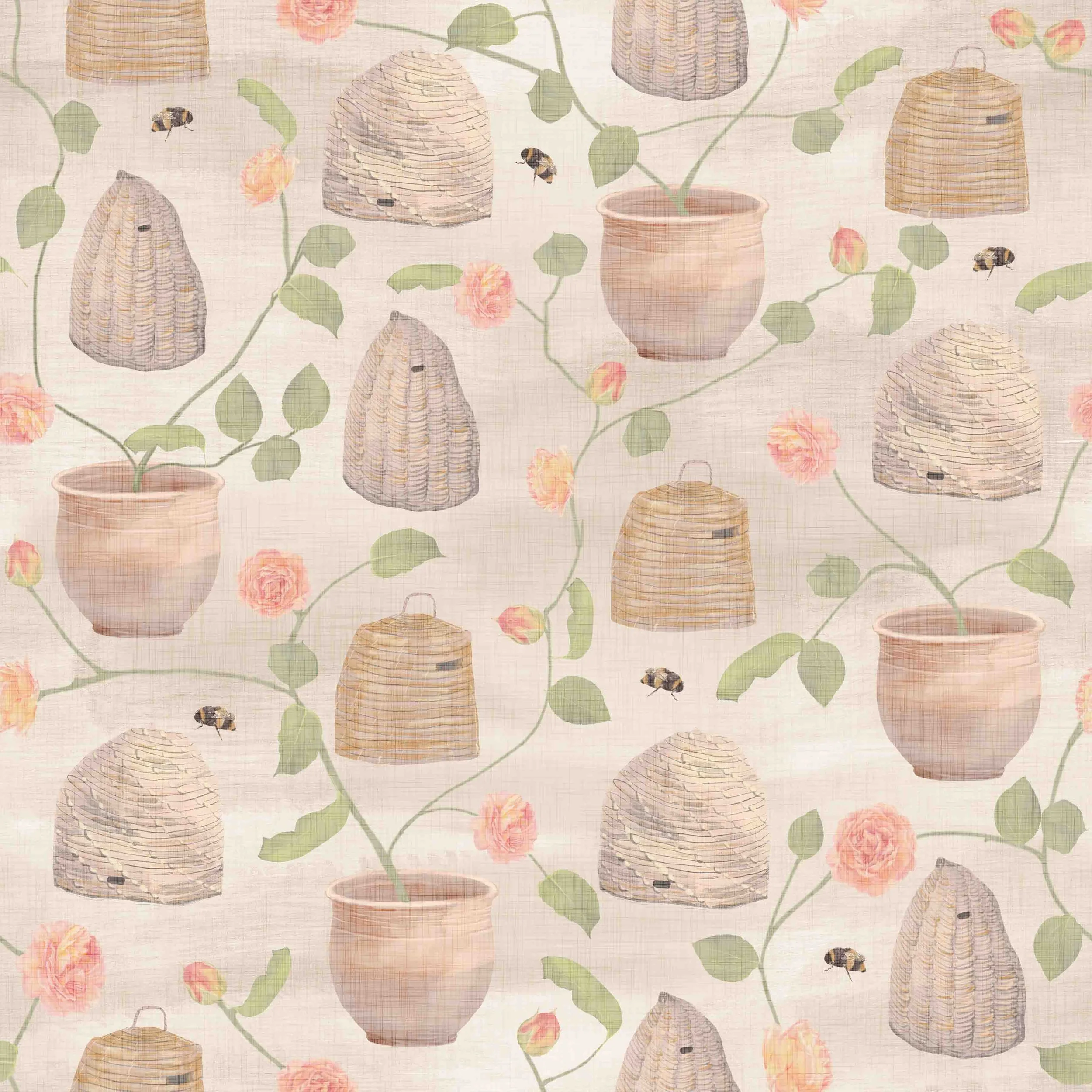 Repeating Pattern | Surface Pattern Design | Bees | Botanical Illustration | Nature-Inspired Pattern | Watercolours | Garden Pattern | Lush Floral | Floral pattern | Cherry Tree | Hive & Home | Beehives | Grey | Taupe | Warm Tone | Cool Tone | Home D