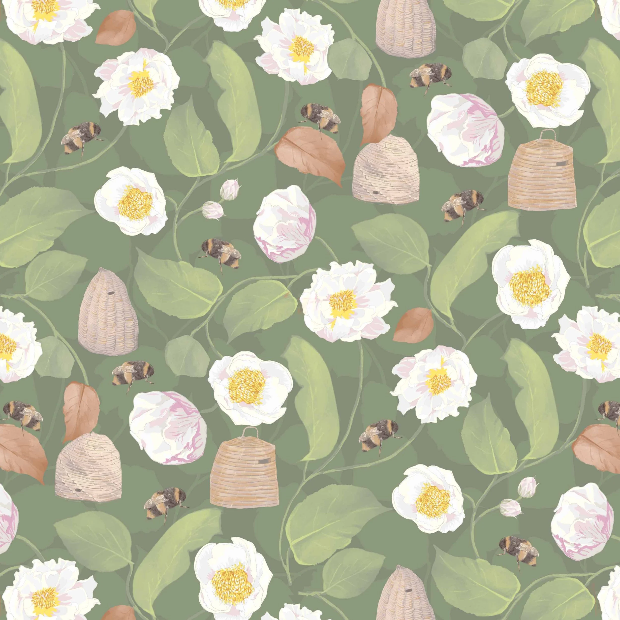 Repeating Pattern | Surface Pattern Design | Bees | Botanical Illustration | Nature-Inspired Pattern | Watercolours | Garden Pattern | Lush Floral | Floral pattern | Cherry Tree | Hive & Home | Beehives | Grey | Warm Tone | Cool Tone | Home Decor | W