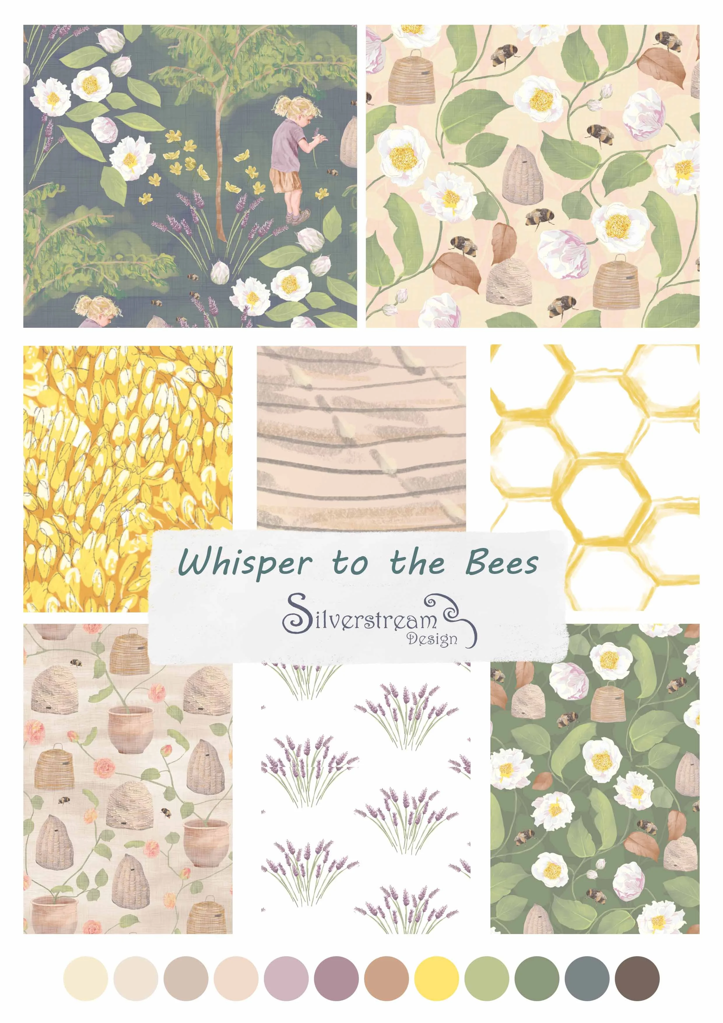 Repeating Pattern | Surface Pattern Design | Bees | Botanical Illustration | Nature-Inspired Pattern | Watercolours | Garden Pattern | Lush Floral | Floral pattern | Cherry Tree | Hive & Home | Beehives | Grey | Taupe | Warm Tone | Cool Tone | Home D