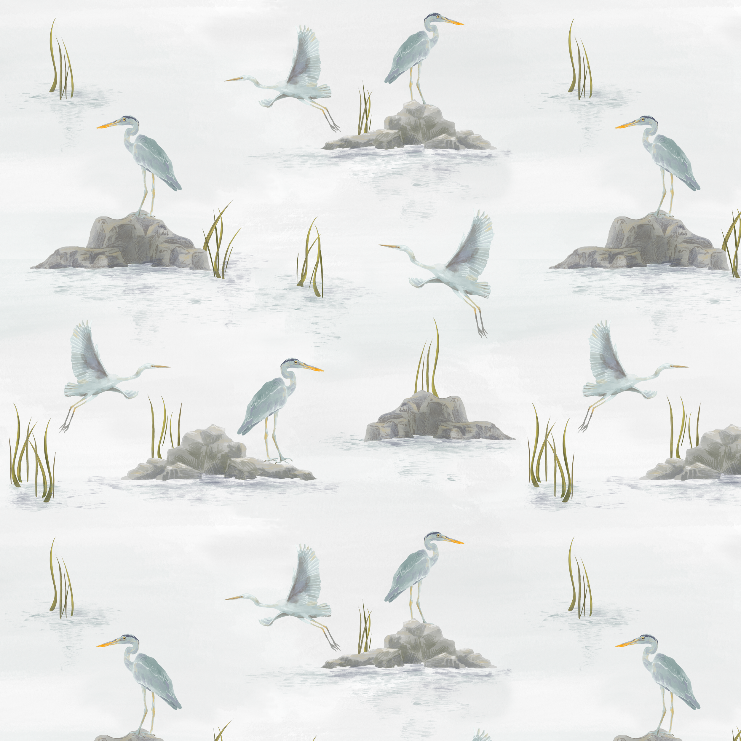 Repeating Pattern | Herons | Bird Illustration | Nature-Inspired Pattern | Watercolours | River pattern | Water pattern