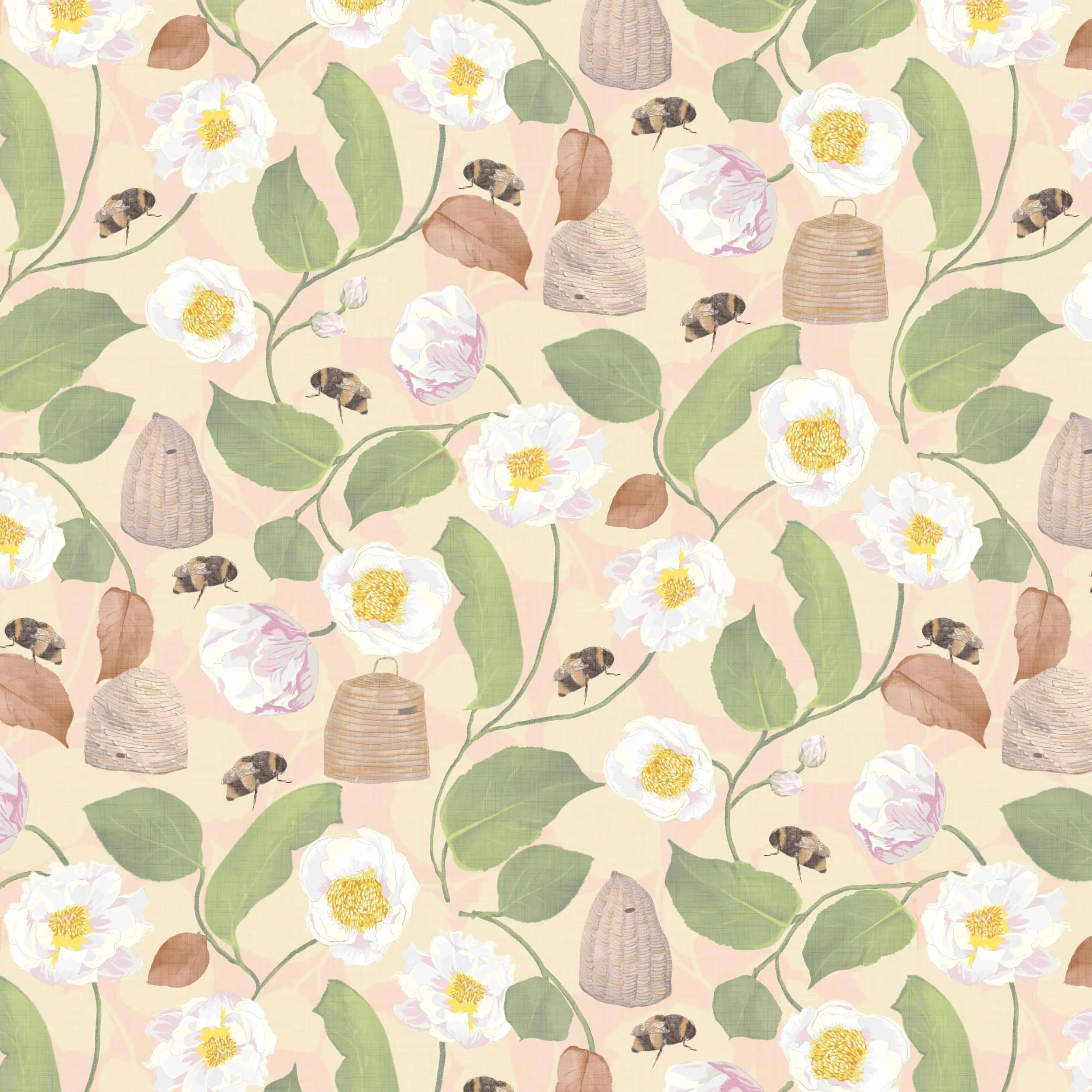Repeating Pattern | Surface Pattern Design | Bees | Botanical Illustration | Nature-Inspired Pattern | Watercolours | Garden Pattern | Lush Floral | Floral pattern | Cherry Tree | Hive & Home | Beehives | Grey | Warm Tone | Cool Tone | Home Decor | W