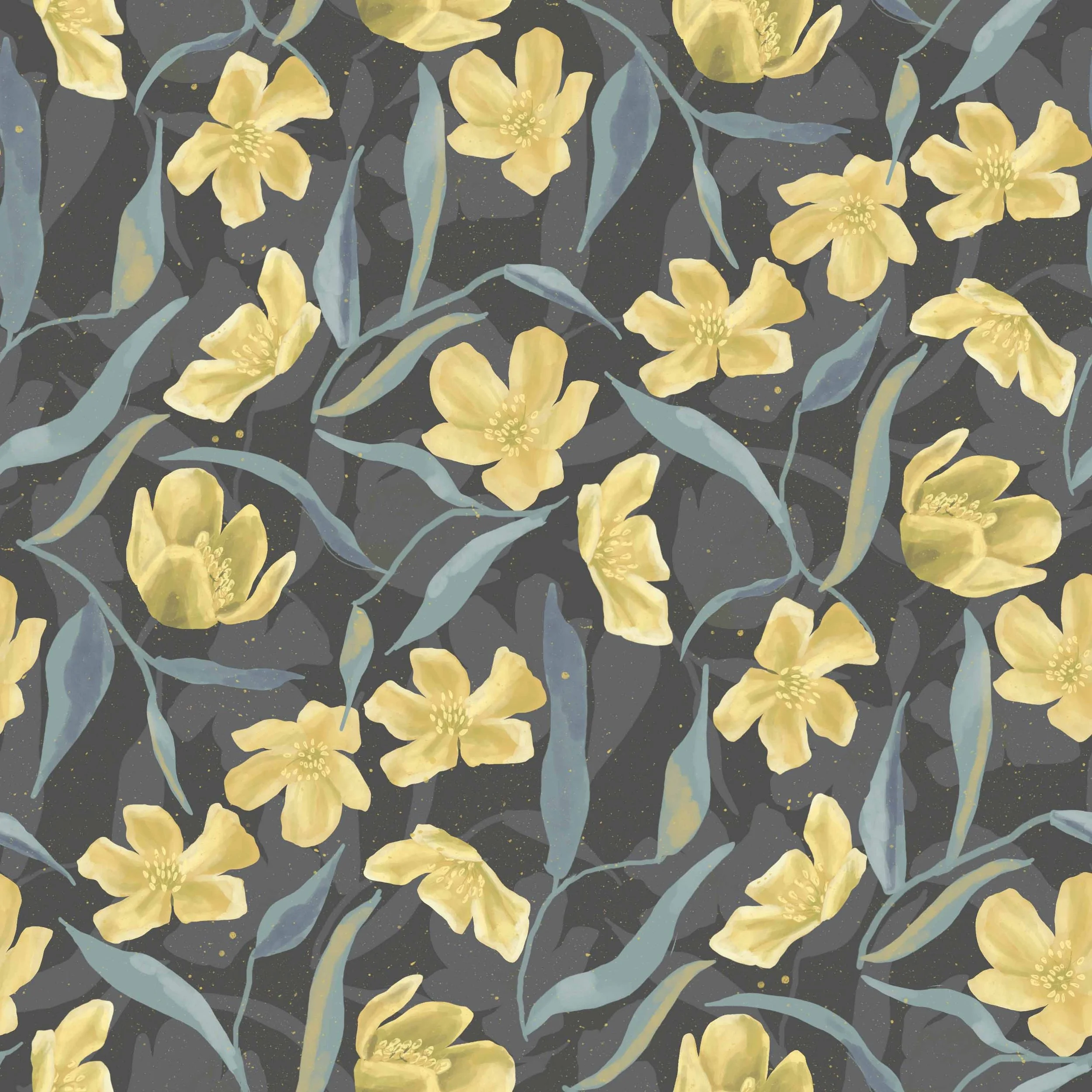 Repeating Pattern | Botanical Illustration | Surface Pattern | Willow Pattern | Leaves | Home Decor | Wallpaper | Bed Linen | Stationery | Procreate Art | Watercolours | Handpainted | Floral Art | Marigolds | Marshes | Procreate Art | Interior Design