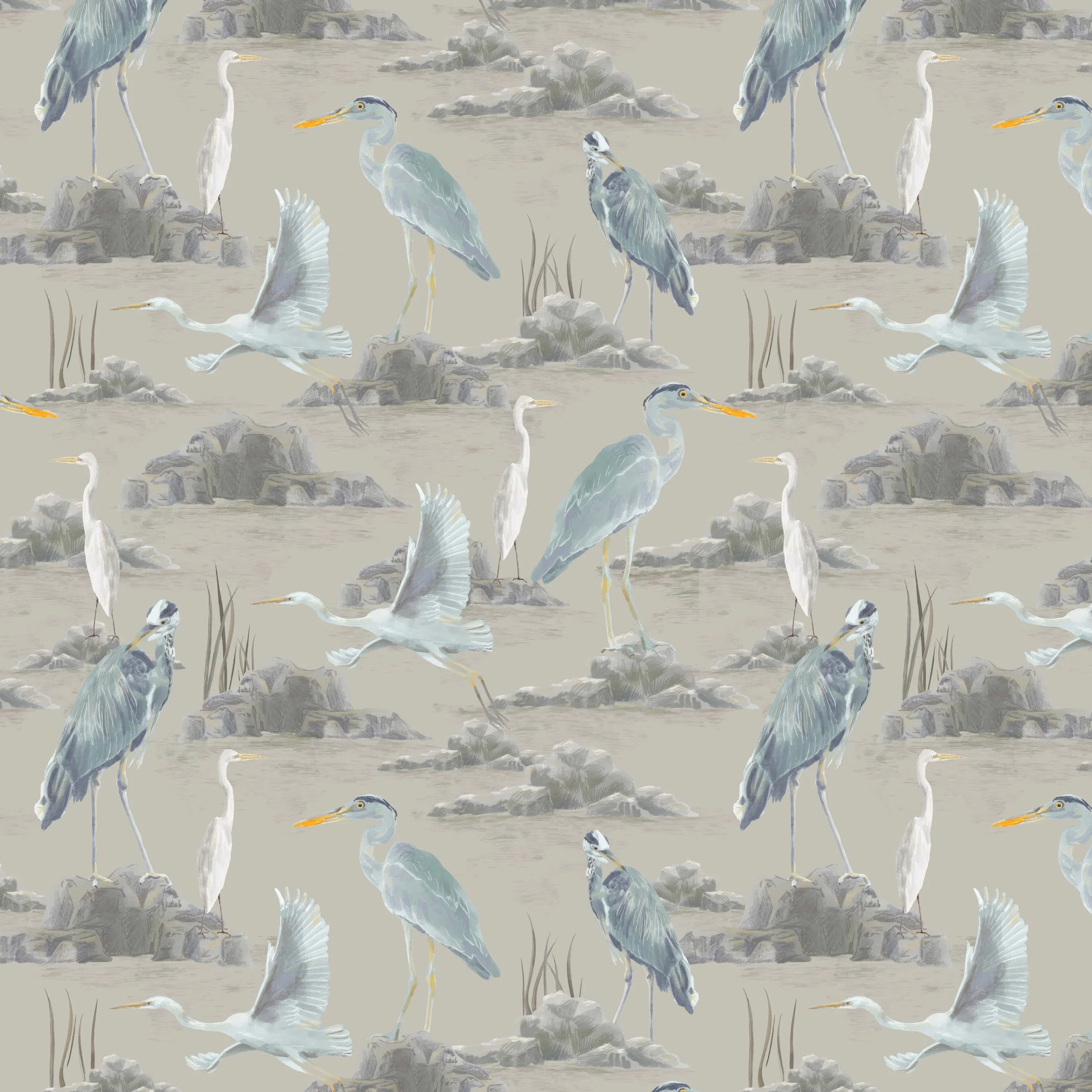 Repeating Pattern | Herons | Bird Illustration | Nature-Inspired Pattern | Watercolours | River pattern | Water pattern | Home Decor | Wallpaper | Bed Linen | Stationery | Surface Pattern Design | Flora & Fauna | Handpainted | Reeds | Water | Ripples