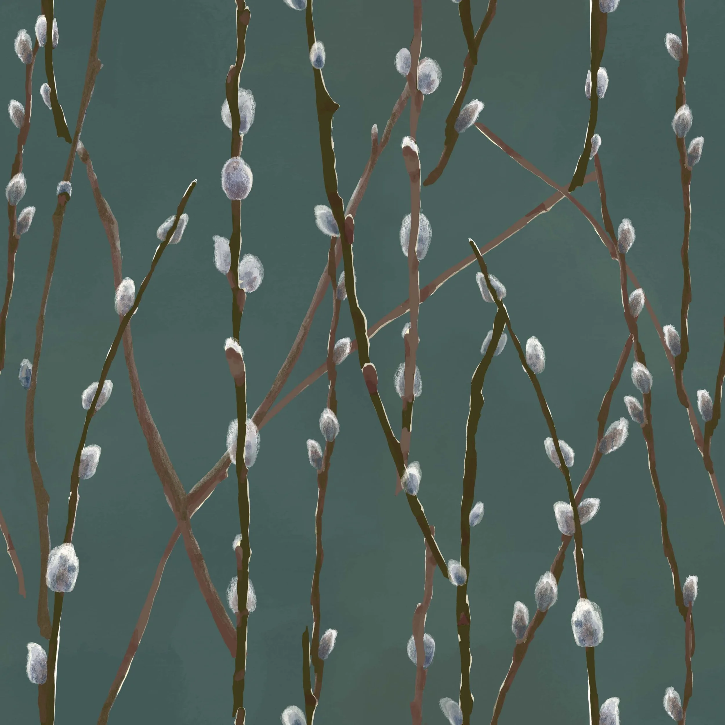 Repeating Pattern | Botanical Illustration | Surface Pattern | Willow Pattern | Leaves | Catkins | Home Decor | Wallpaper | Bed Linen | Stationery Design | Procreate Art | Home Decor