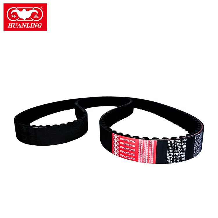 A black timing belt with red and white Huanling branding and specifications, used in automotive engines, on a white background.