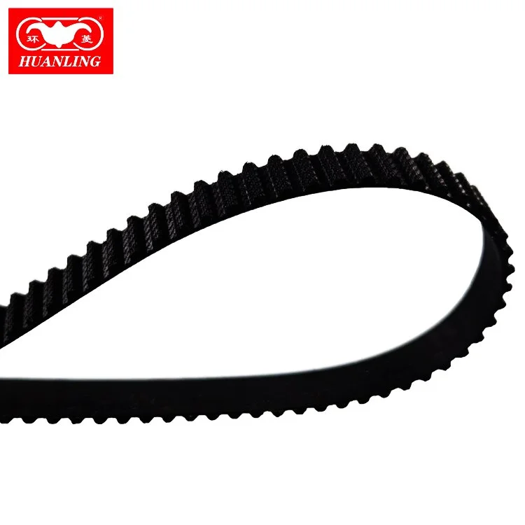 Close-up of a black rubber timing belt with toothed edges, branded with Huanling logo in red and white