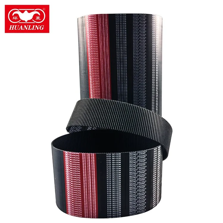 A black and red conveyor belt with printed technical specifications and warnings, placed coiled in front of a taller section of the same belt, with a red and white Huanling logo in the top left corner.