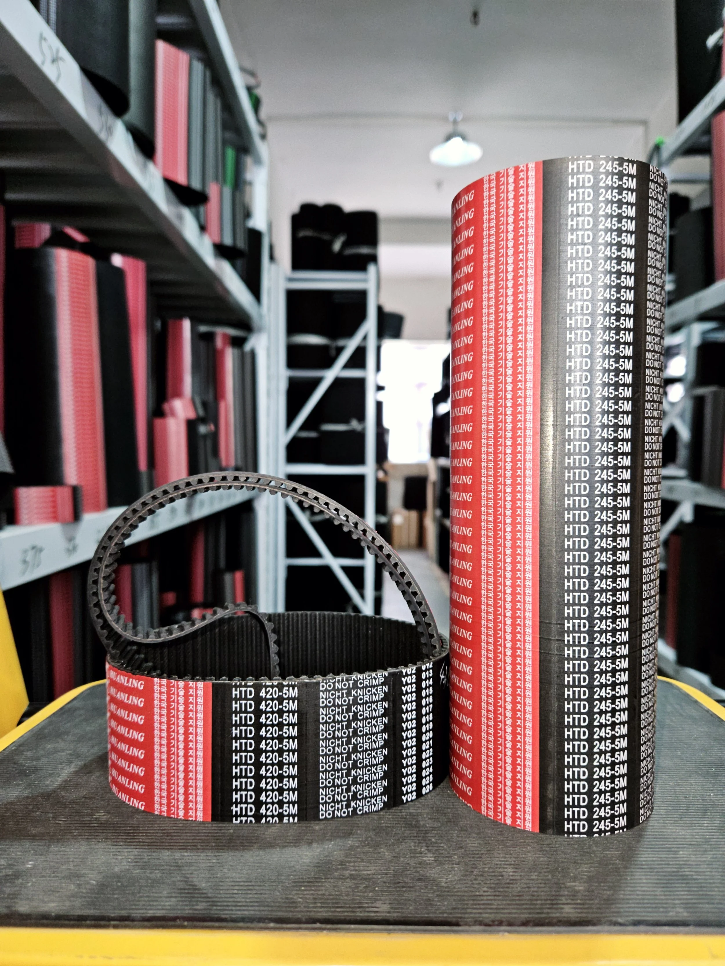 Two black and red timing belts, one coiled and one standing, on a workbench in a hardware store with shelves filled with boxes and supplies in the background.