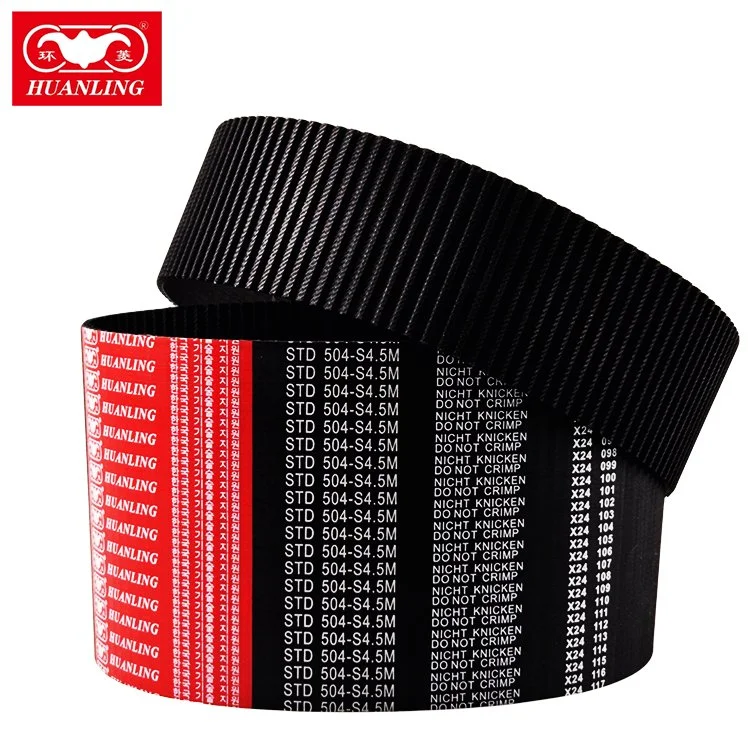 A black conveyor belt roll with a red and white label containing the brand name 'HUANLING' and product information.