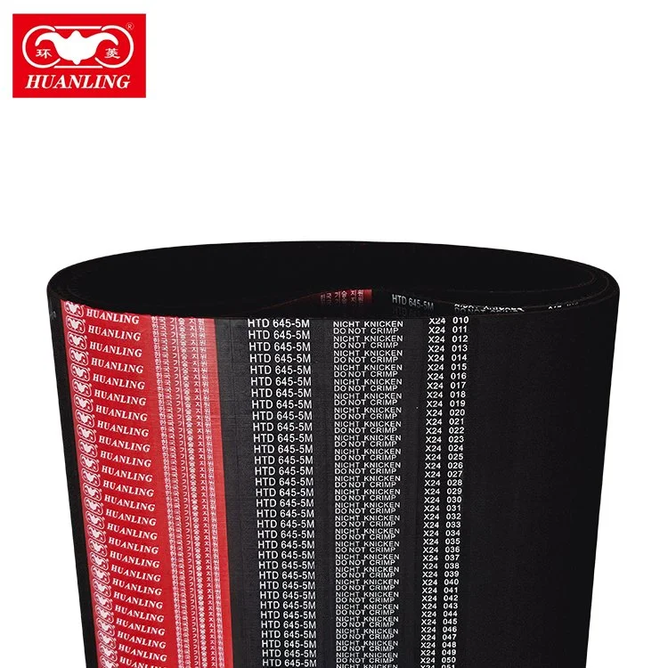A roll of Huanling HTD 645-5M timing belt with red and black printed labels showing brand, model number, and instructions in English and German, with a red Huanling logo in the upper left corner.