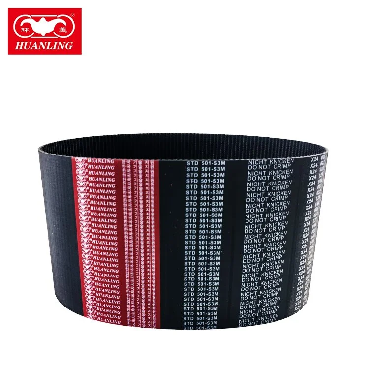 A roll of black automotive timing belt with red and white printed branding, model number STD 501-S3M, and warnings 'Do Not Crimp' and 'Nicht Knicken'.