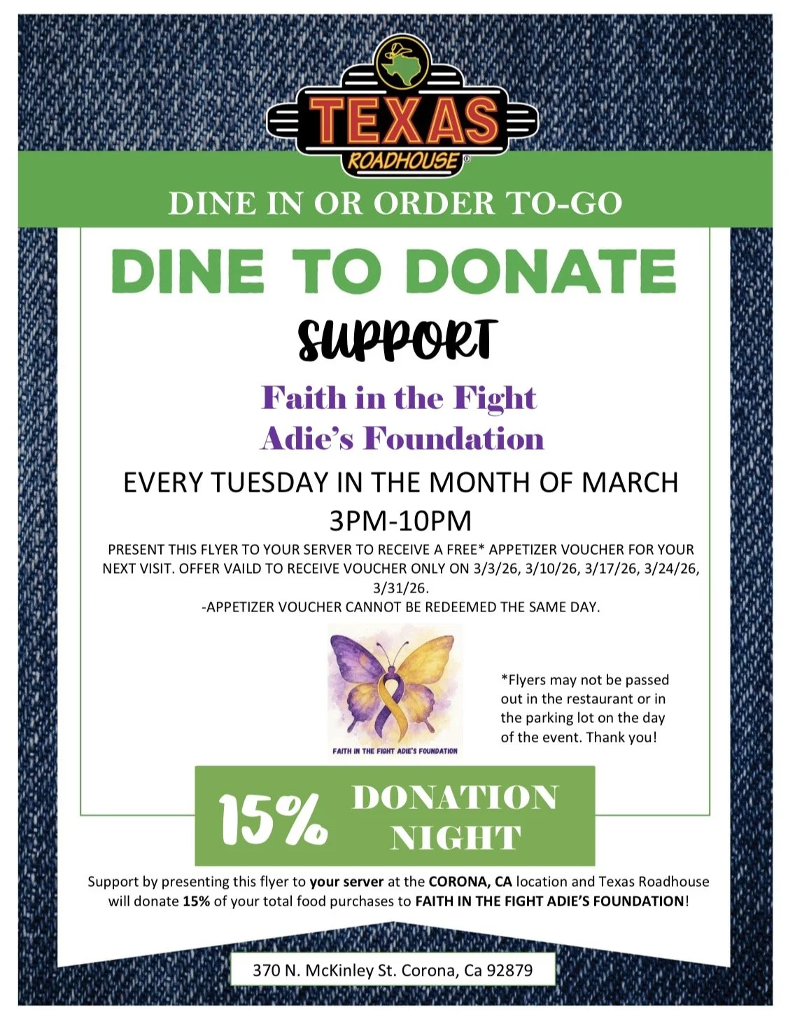 Dine to donate - texas roadhouse- corona, CA  (Copy)