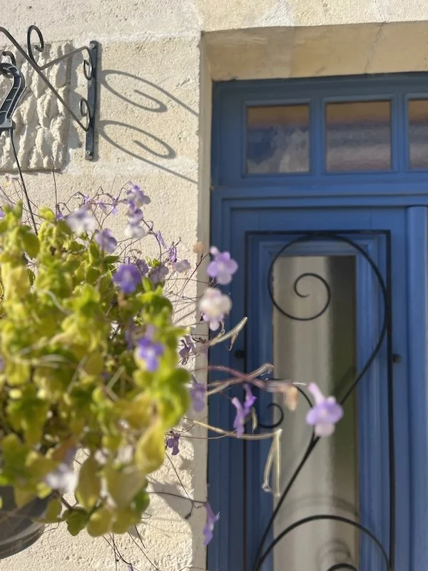 Detailansicht der blauen Eingangstür eines Landhauses mit lila Blumen im Gästebereich