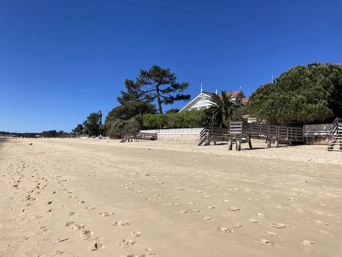 Strandabschnitt am Cap Ferret, Frankreich, mit Blick auf eingebettete Villen im Kiefernwald