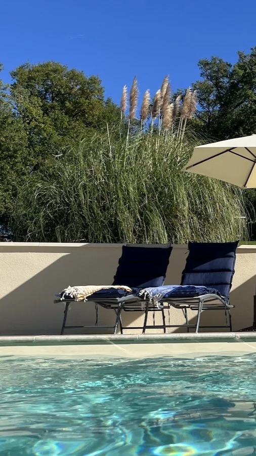 Frontalblick auf die Poolterrasse mit blauen Liegeflächen und Sonnenschirmen, Blick in den Garten