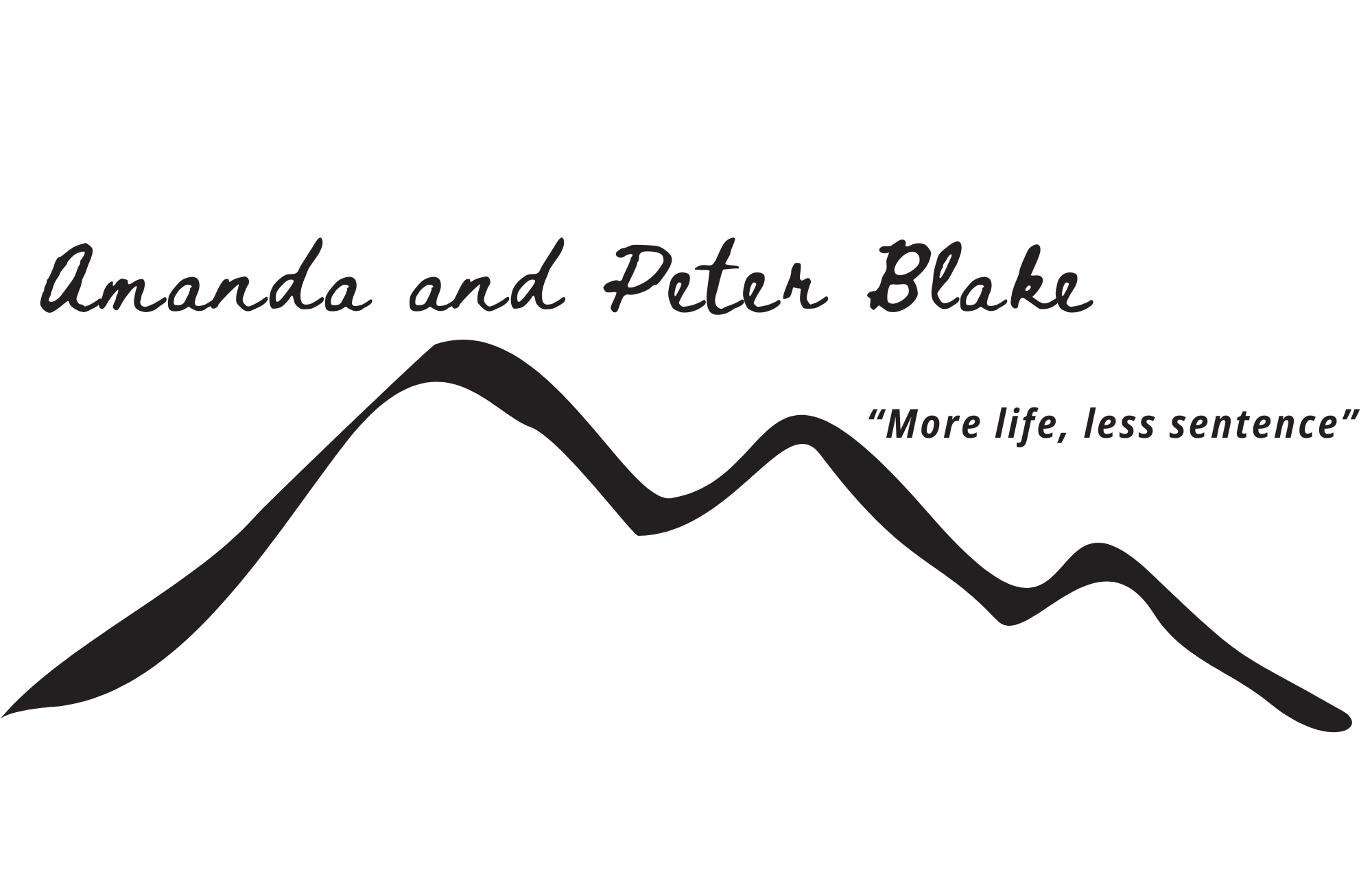 Line graph showing the silhouettes of two mountain peaks with the names Amanda and Peter Blake, and the quote 'More life, less sentence'.
