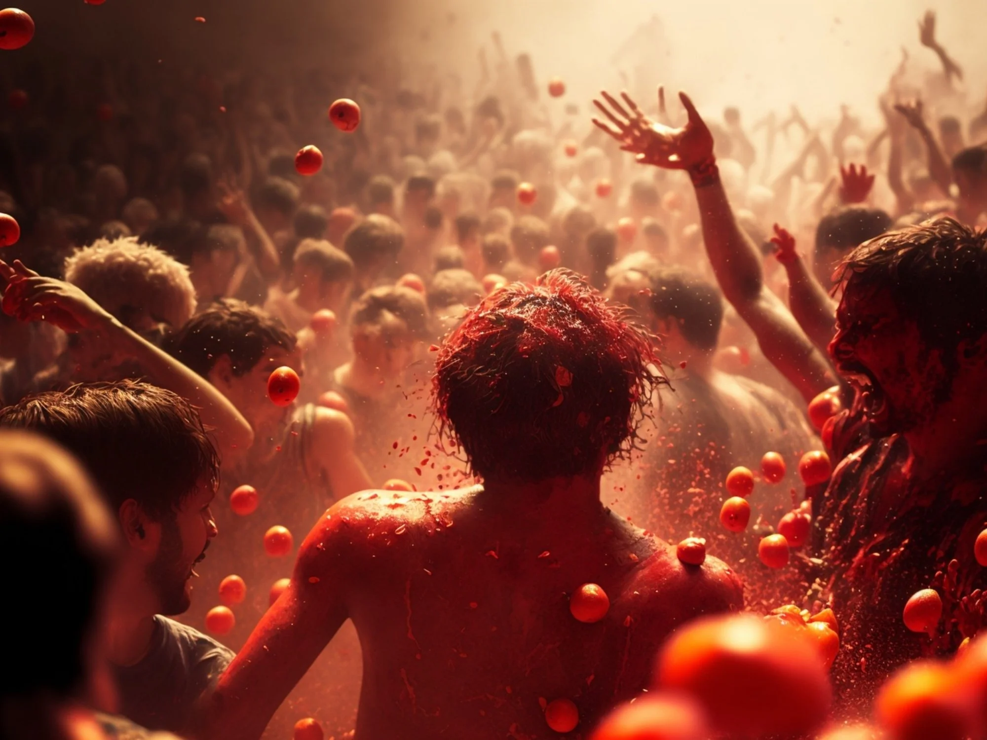 Mensen die zich in een kleurrijke en dynamische dans of feest bevinden, omringd door overal vallende oranje balletjes en gekleurde rook.