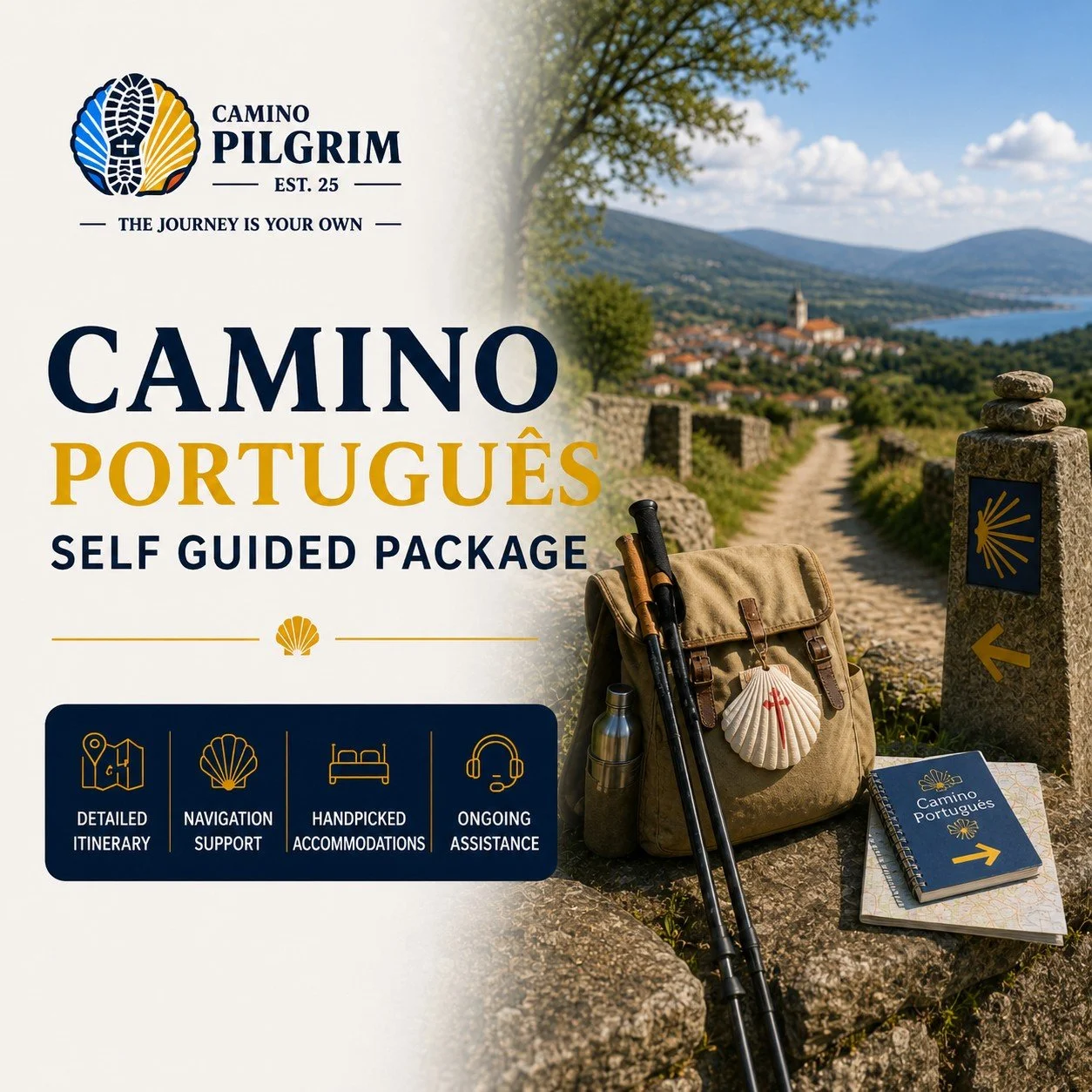 Unlock the transformative power of the Camino Portugu&ecirc;s. 
Our self-guided package empowers you to own your journey, with expert support every step of the way. 🚶&zwj;♀️💪 

Included: 
💡 A carefully crafted route to ignite your sense of adventu