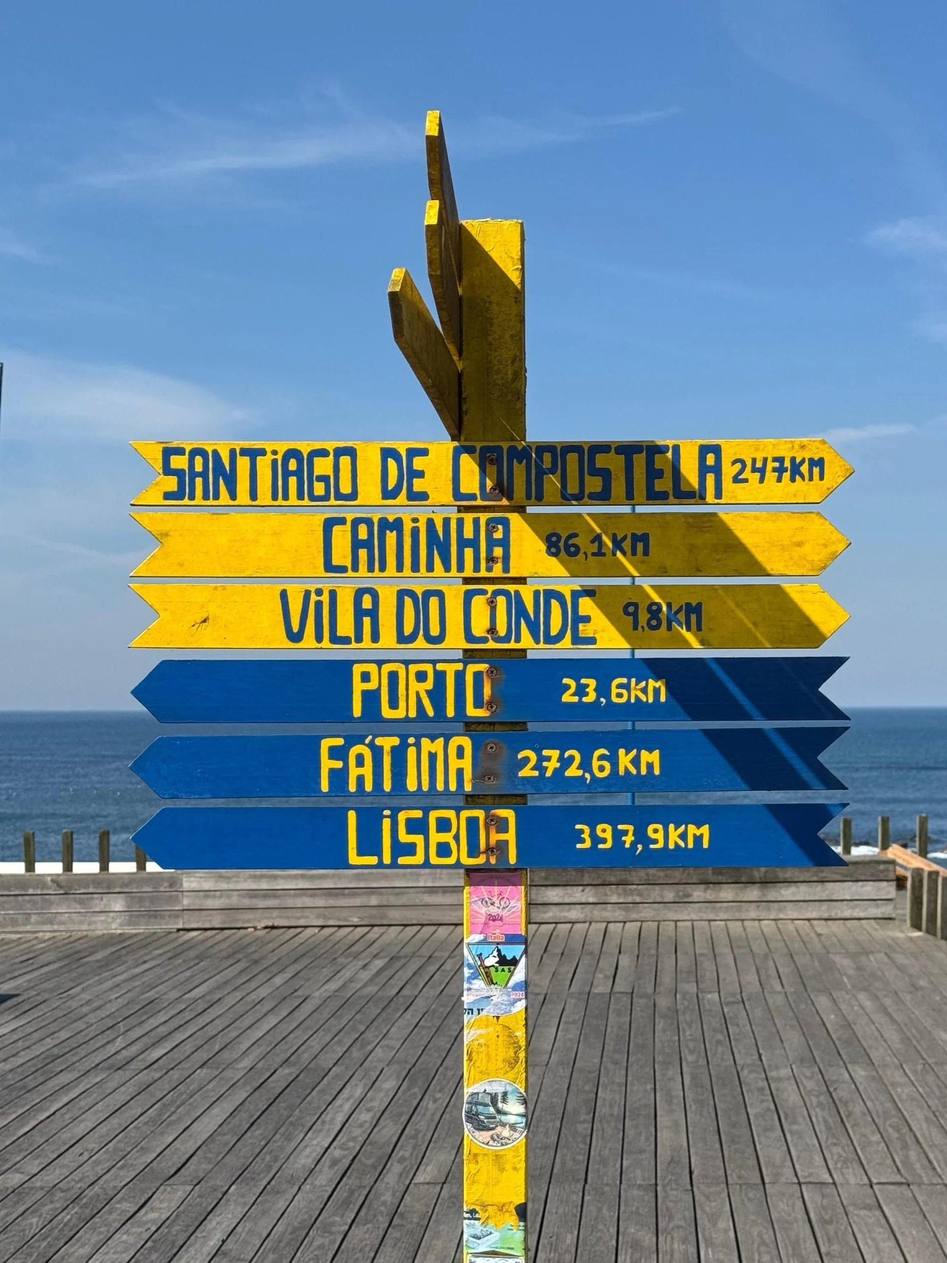 Colorful directional signpost with yellow and blue arrows indicating distances to various cities, standing on a wooden deck near the ocean with a clear sky in the background.