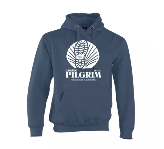 A navy blue hoodie with a white graphic of a pilgrim shoe sole and the text "Camino Pilgrim" on the front.