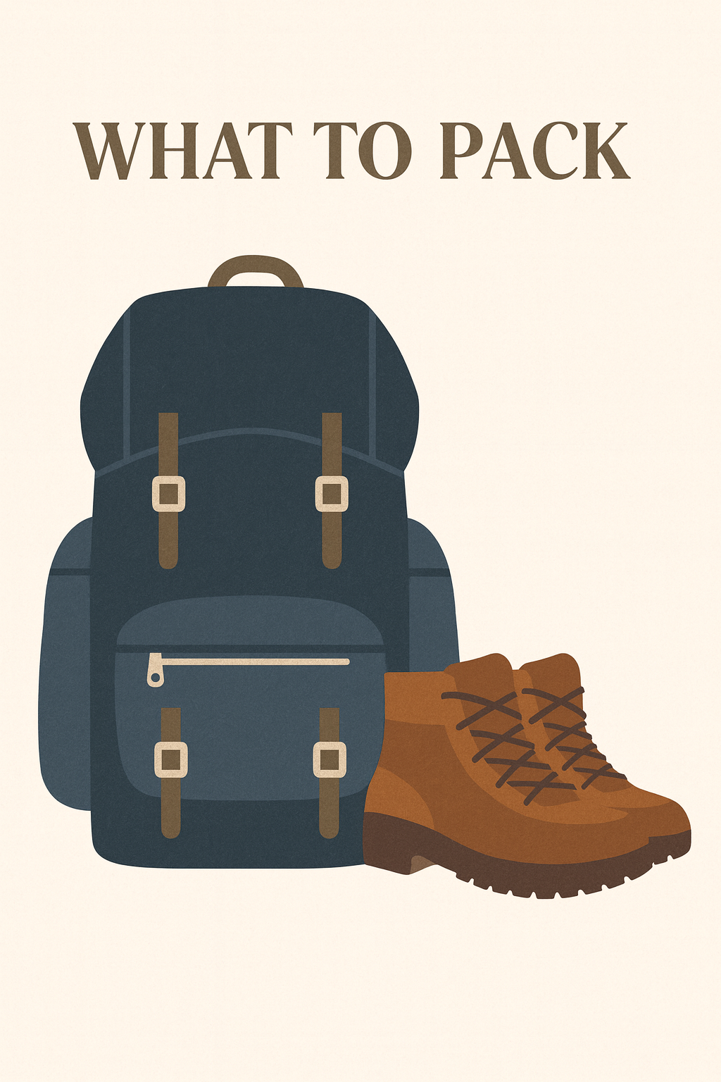 An illustration of a travel backpack, a pair of brown hiking boots, and the text "What to Pack" on a beige background.