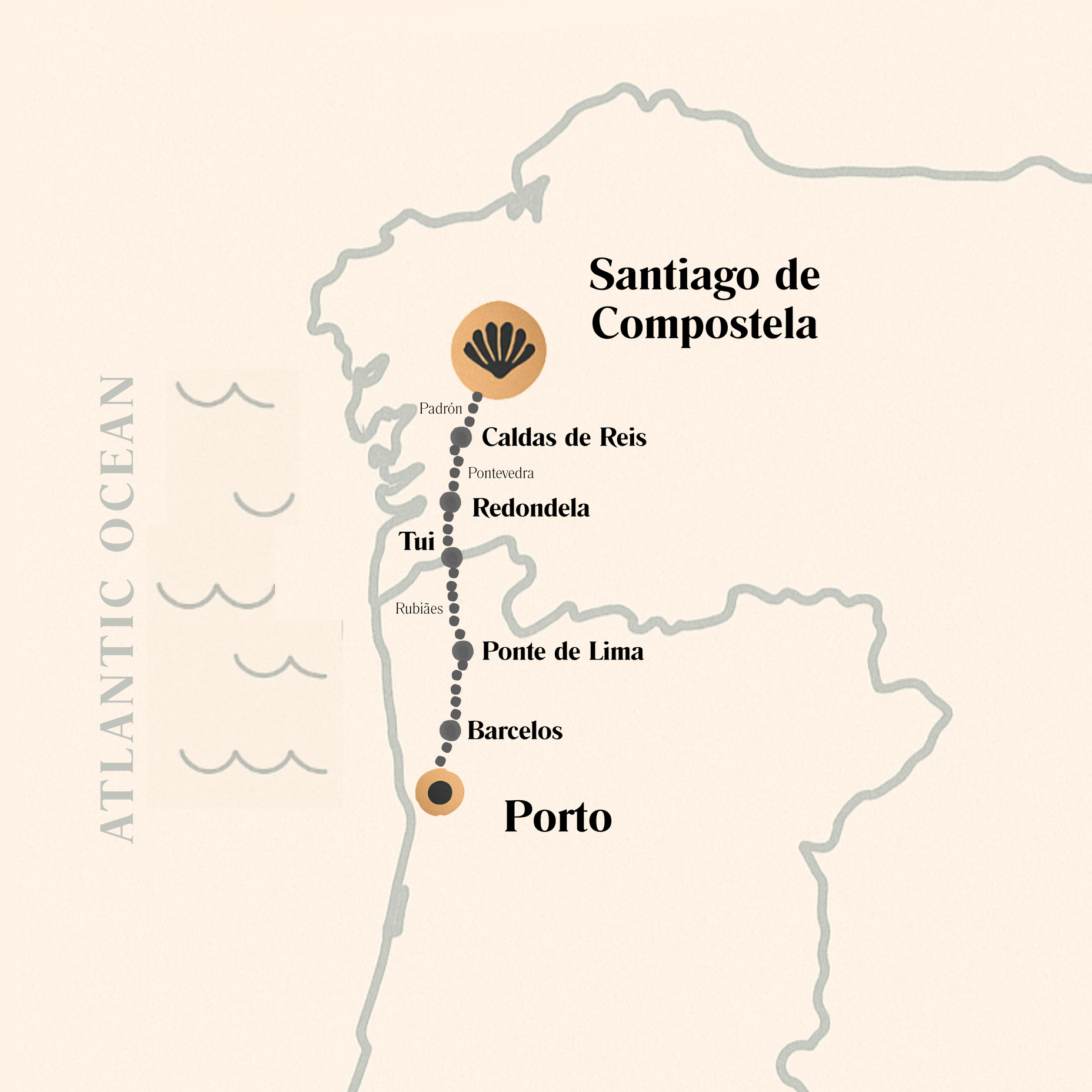 Map of the Camino de Santiago route from Porto to Santiago de Compostela, highlighting key towns and points of interest along the way.