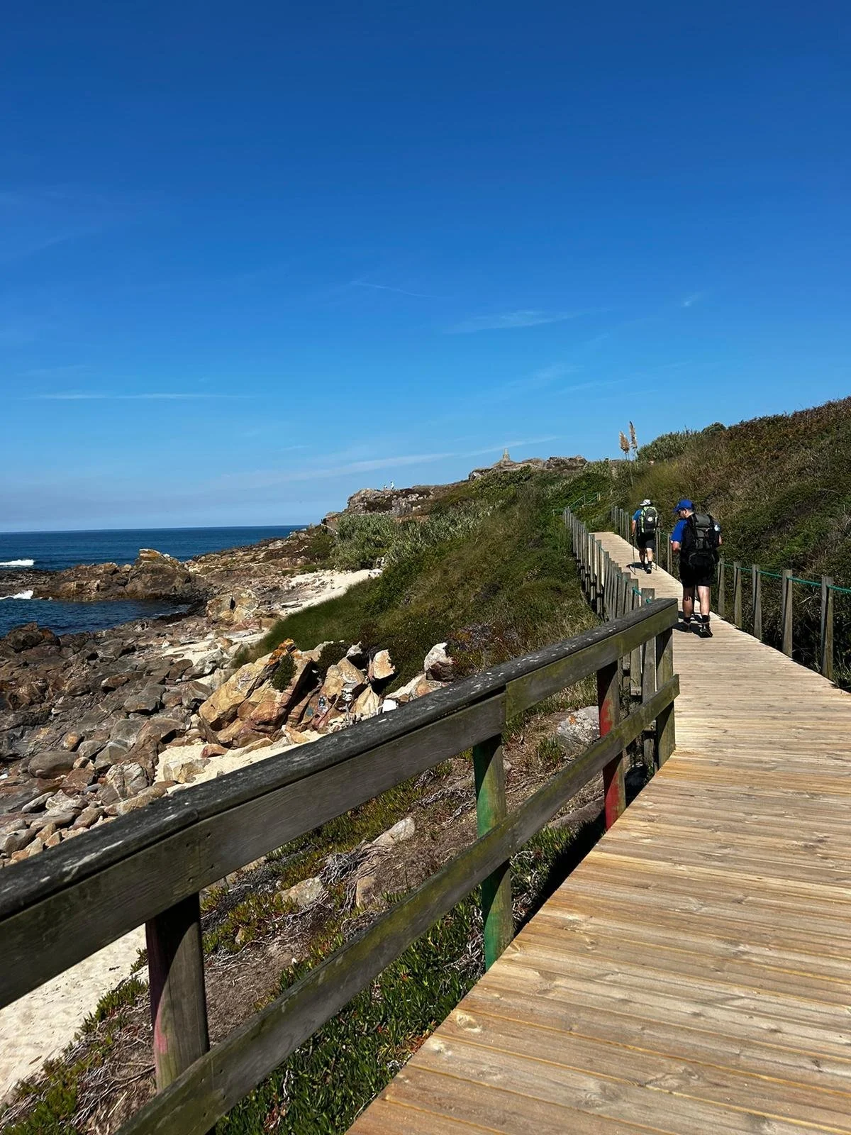 People hiking on a wooden coastal trail with ocean and rocky shoreline under a blue sky.