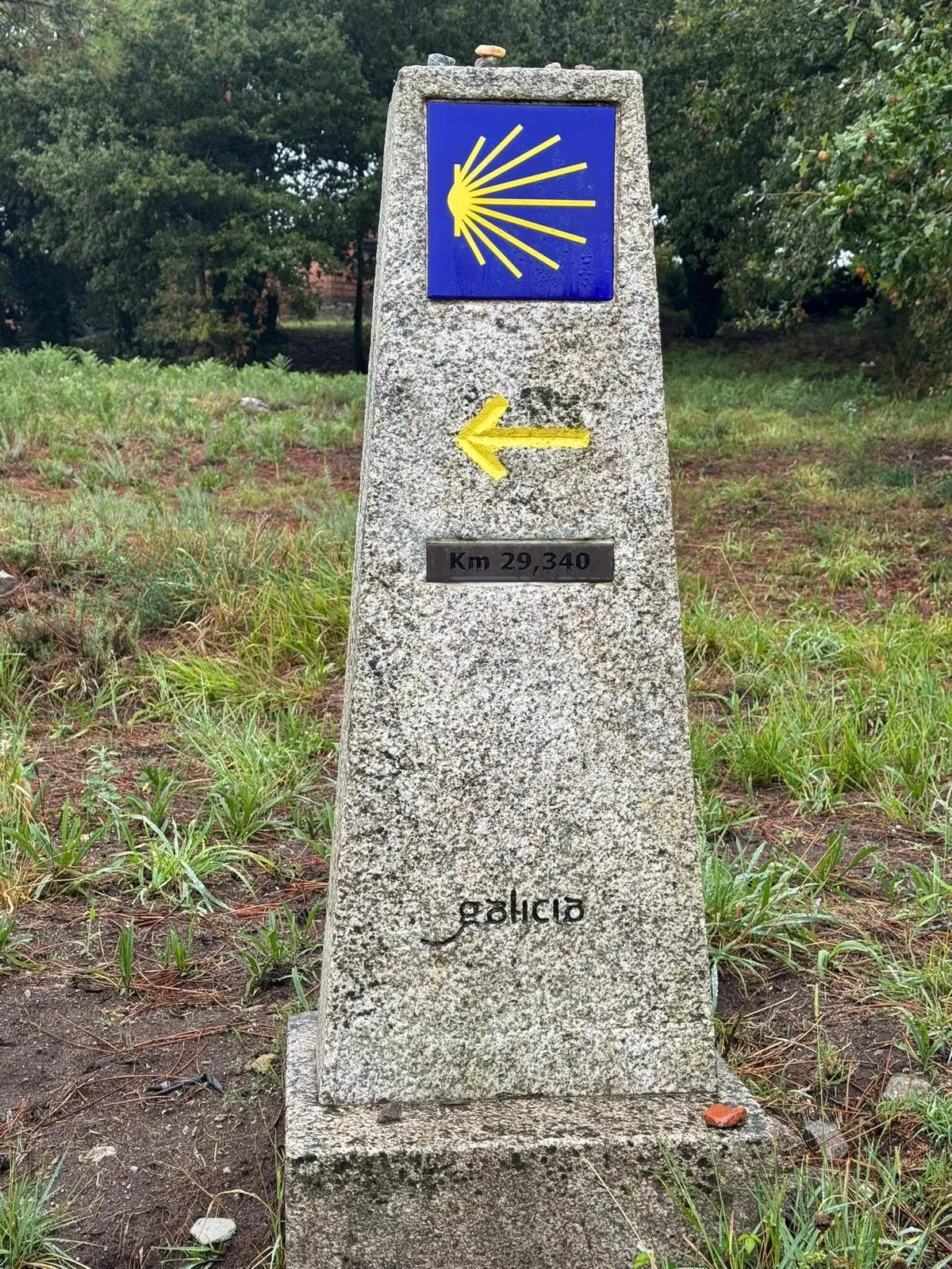 A granite milestone with a blue and yellow scallop shell symbol, pointing left with a yellow arrow, and the inscription 'Km 29,340', situated in a grassy area with trees in the background. Santiago arrow.
