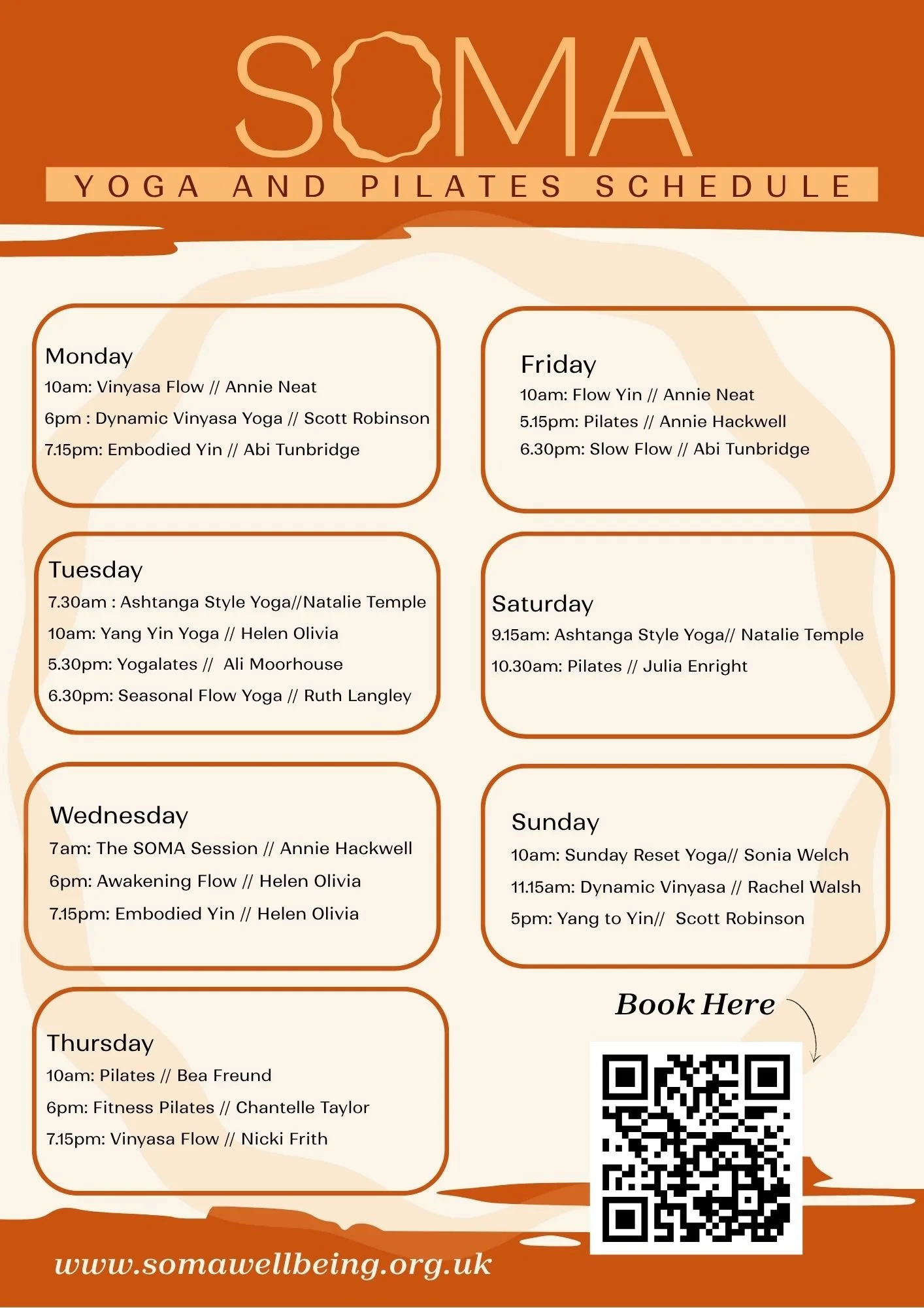 Schedule of yoga and Pilates classes for the week at SOMA, including class times and instructors, with a QR code and website link to book classes.