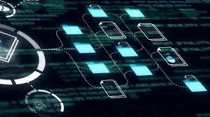 Digital interface with glowing blue squares and circular graphics, resembling a futuristic data or technology display.