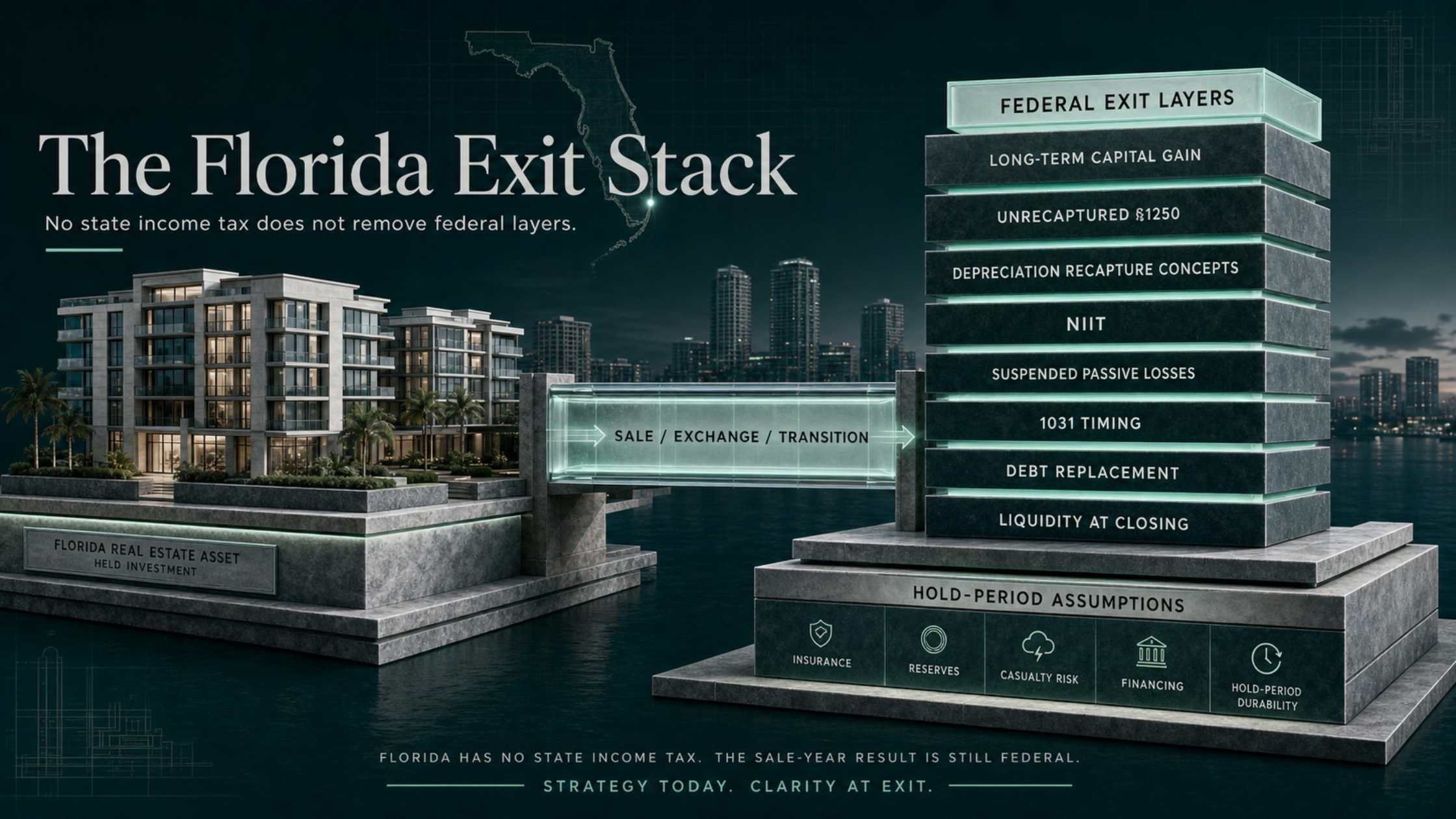 Stacked Florida real estate exit diagram showing federal capital gain, depreciation-related gain, NIIT, suspended losses, exchange timing, debt replacement, and liquidity constraints.
