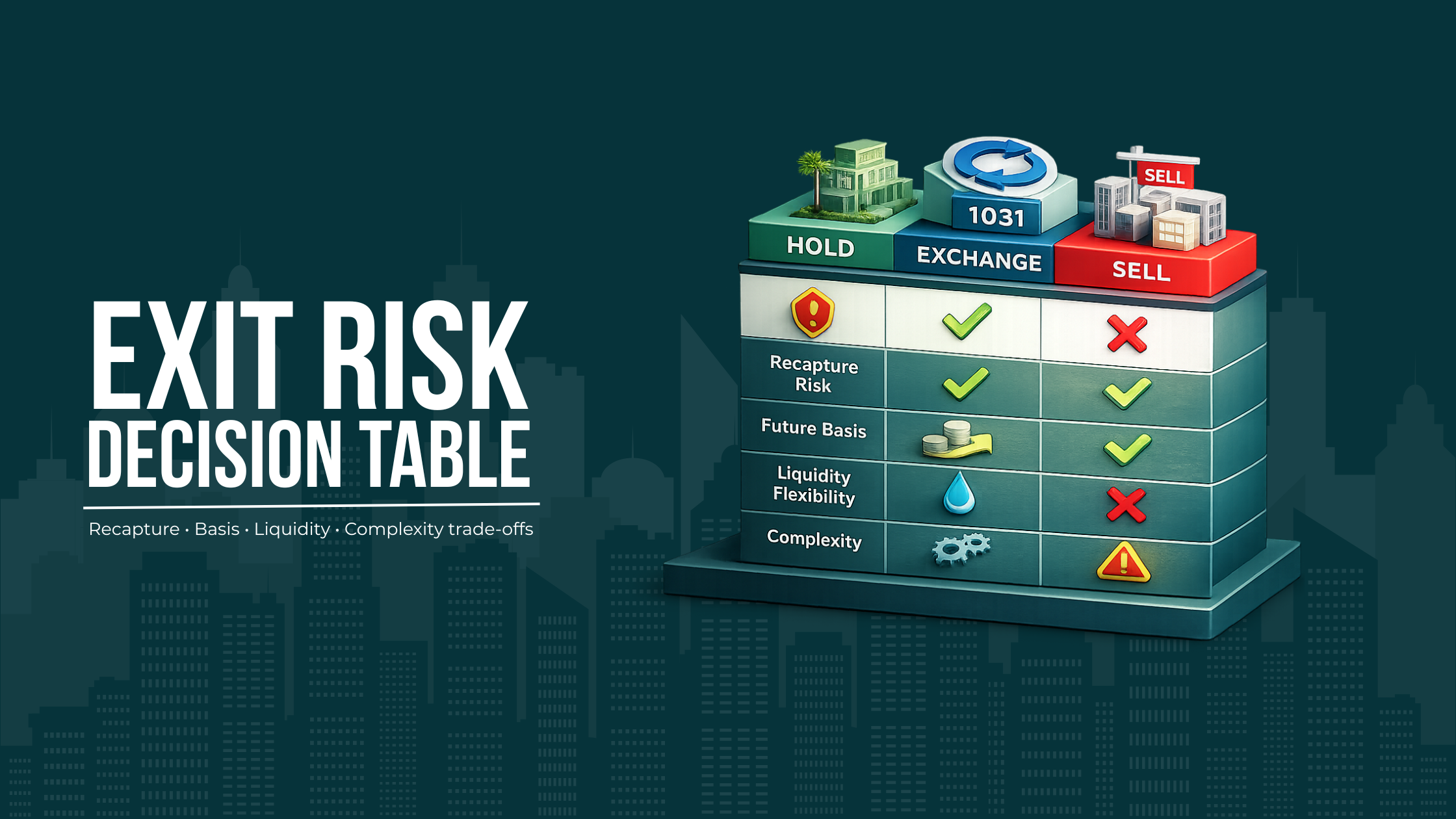 Table comparing hold, exchange, and sell across recapture risk, basis impact, liquidity, and complexity.
